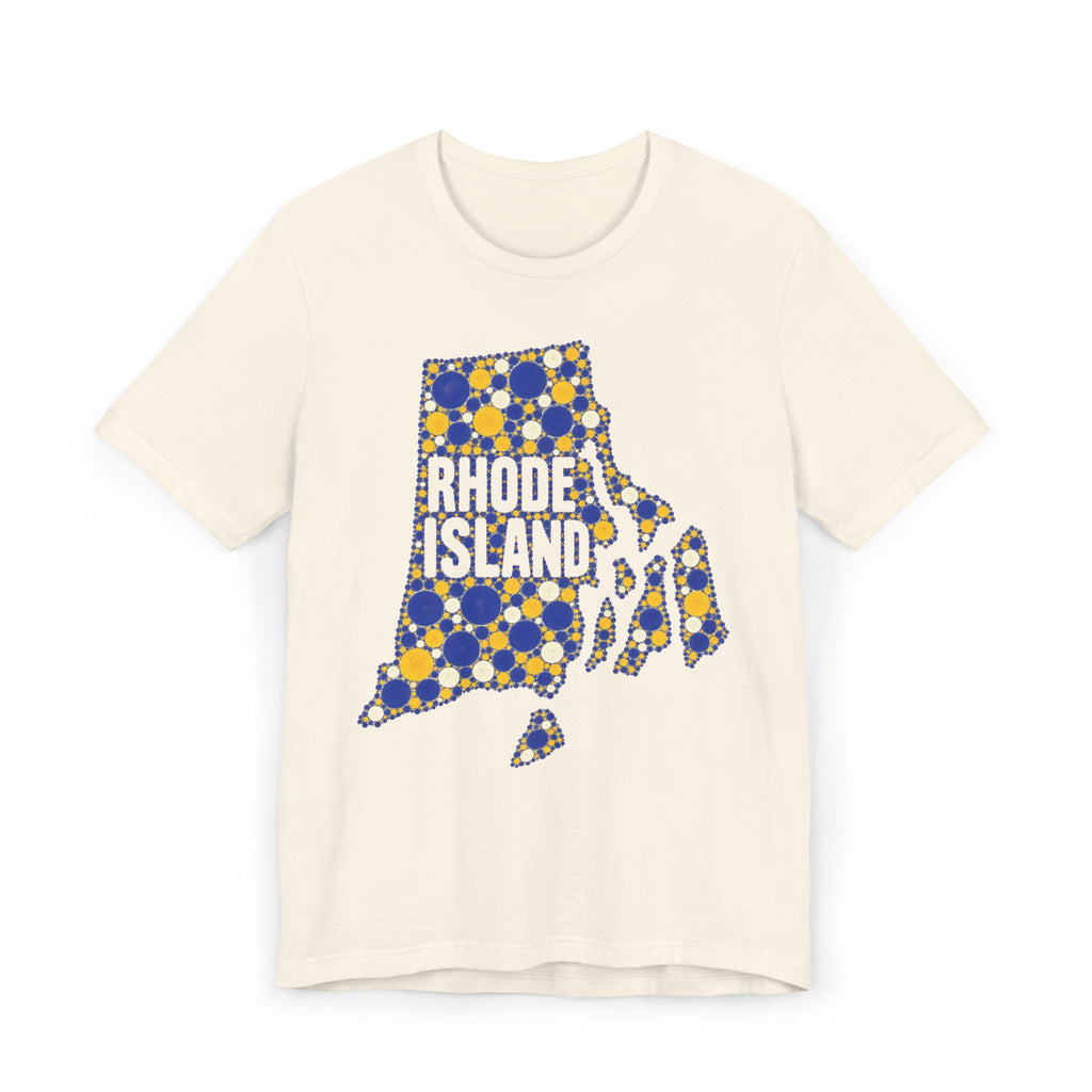 Cream t-shirt with blue and yellow polka-dot Rhode Island outline graphic