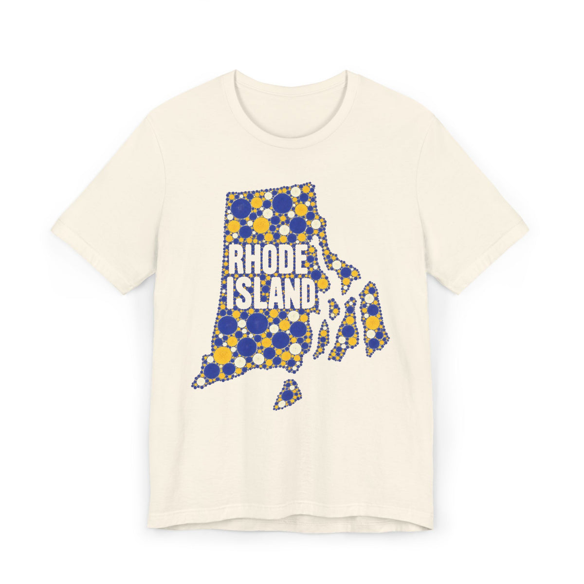 Cream t-shirt with blue and yellow polka-dot Rhode Island outline graphic