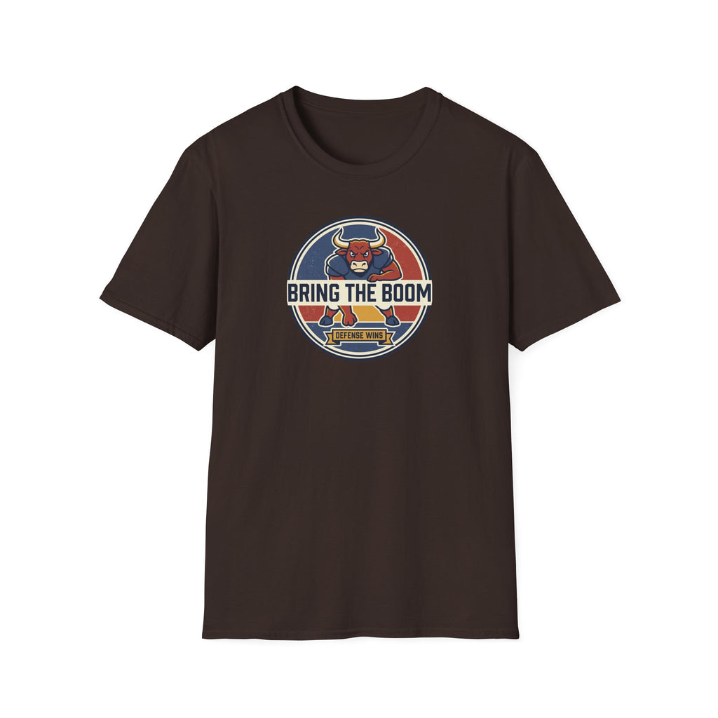 Bull mascot graphic T-shirt in dark chocolate brown with round logo front print