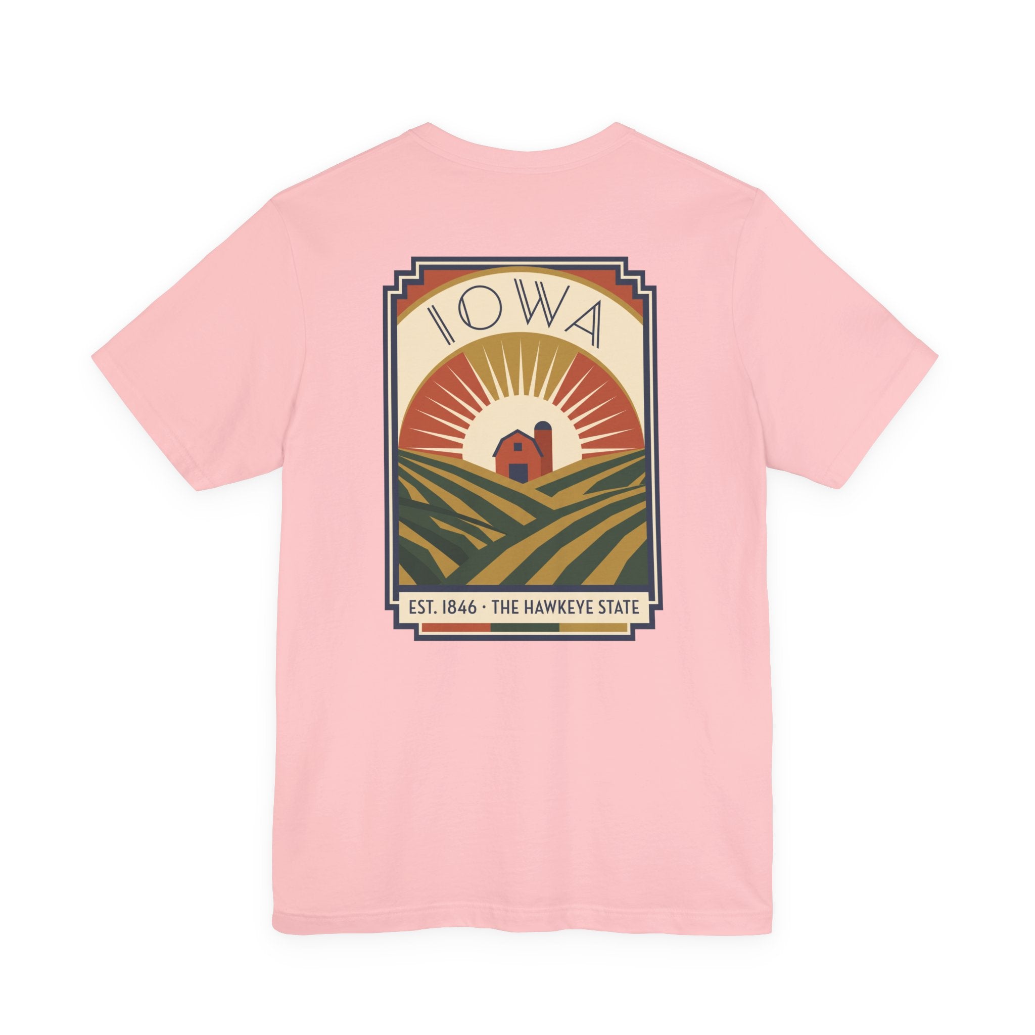 Light pink t-shirt with centered IOWA art deco farm scene graphic