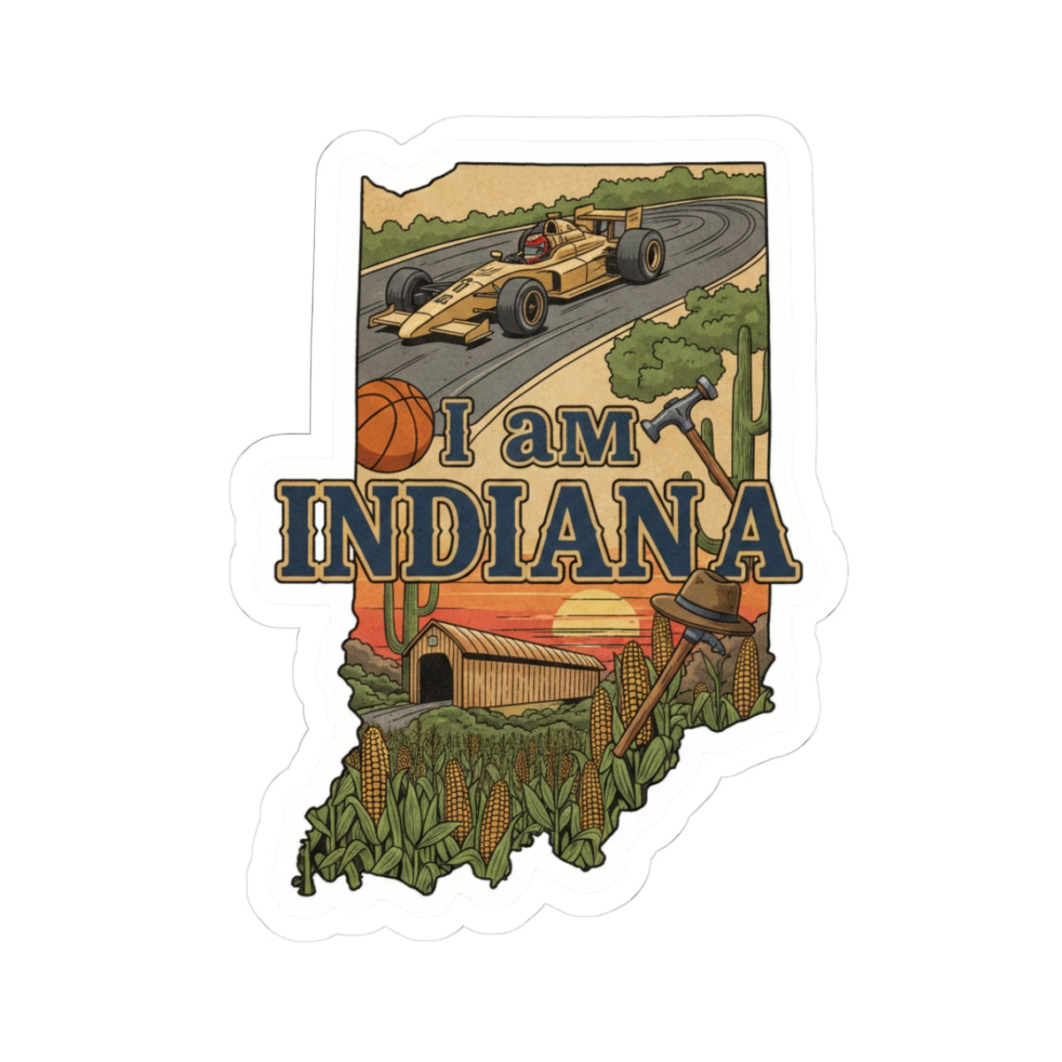 I Am Indiana Sticker: Landschaftsdesign mit „I AM INDIANA“ auf weißem Rand