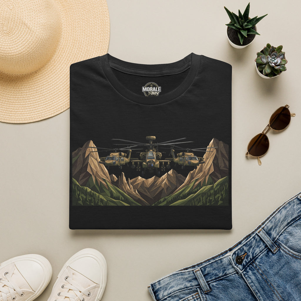 Black crew-neck t-shirt with helicopter over mountain landscape graphic.