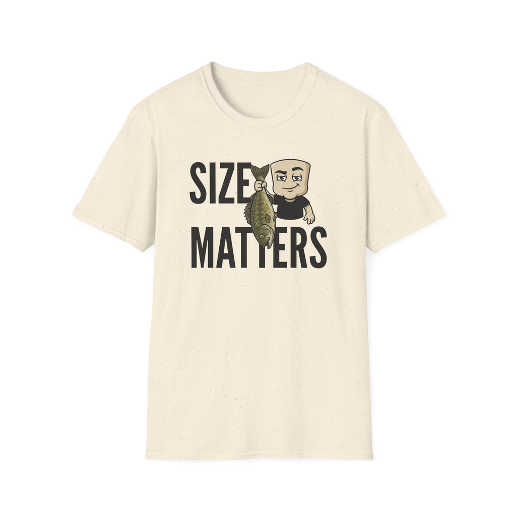Light cream T-shirt with “SIZE MATTERS” text and a cartoon fisherman holding a fish.