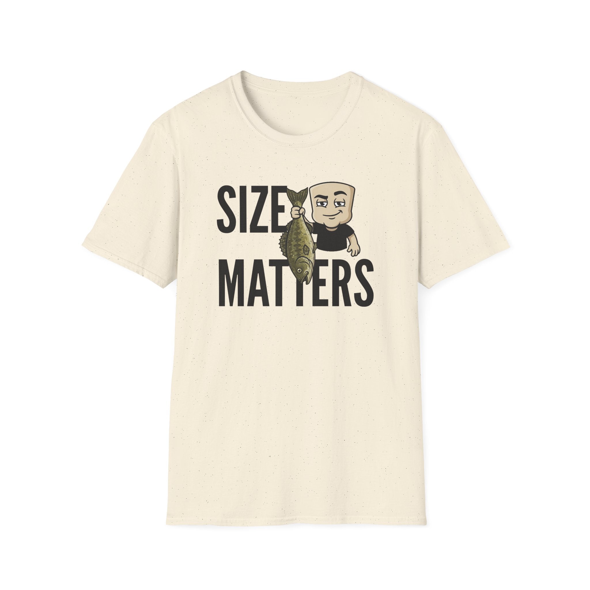 Light cream T-shirt with “SIZE MATTERS” text and a cartoon fisherman holding a fish.