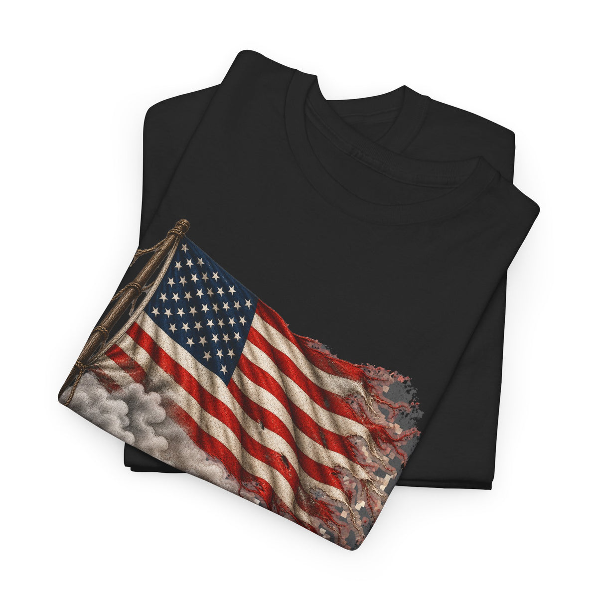 Black crew-neck T-shirt with weathered American flag graphic