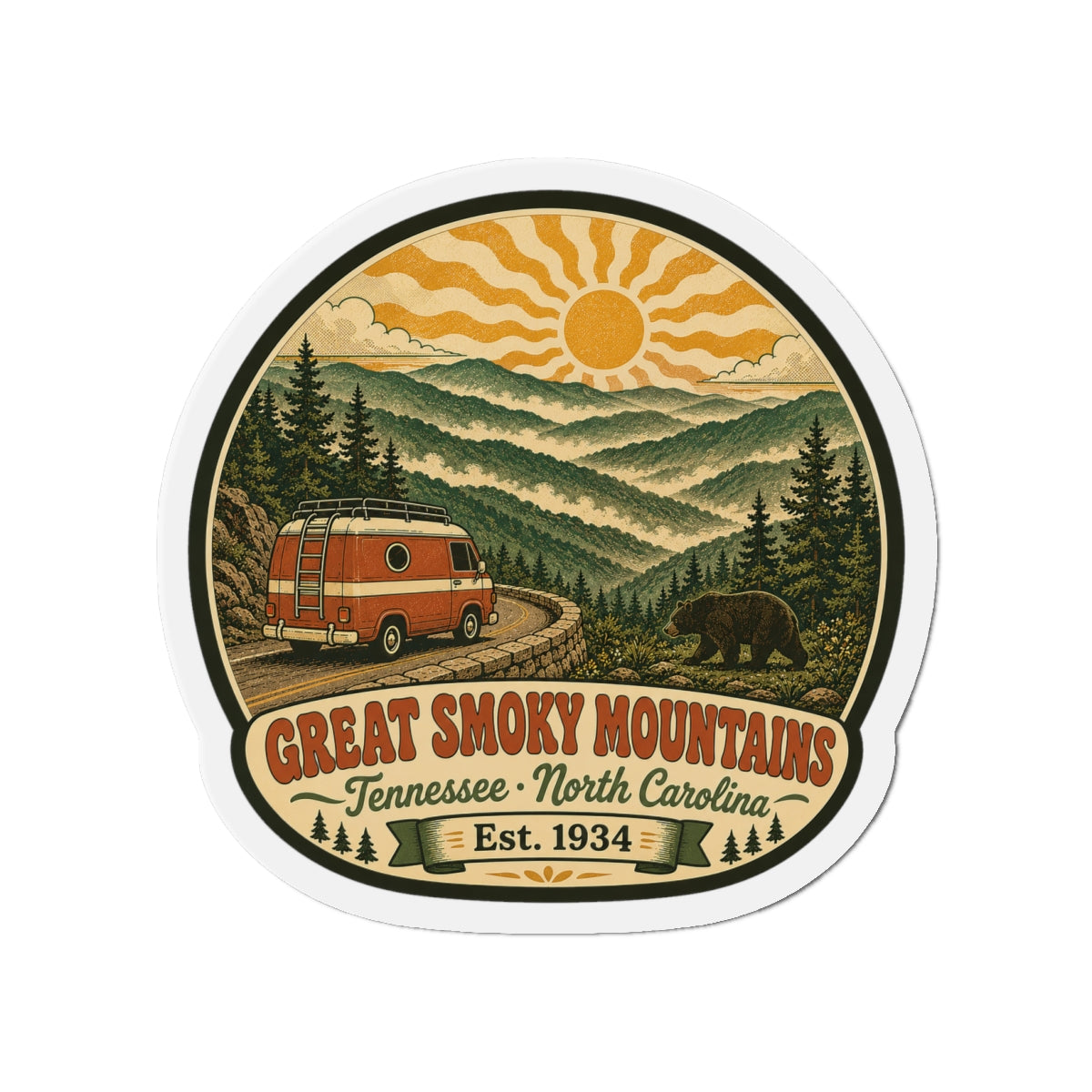 Round die-cut fridge magnet with Great Smoky Mountains van landscape and Est. 1934 banner