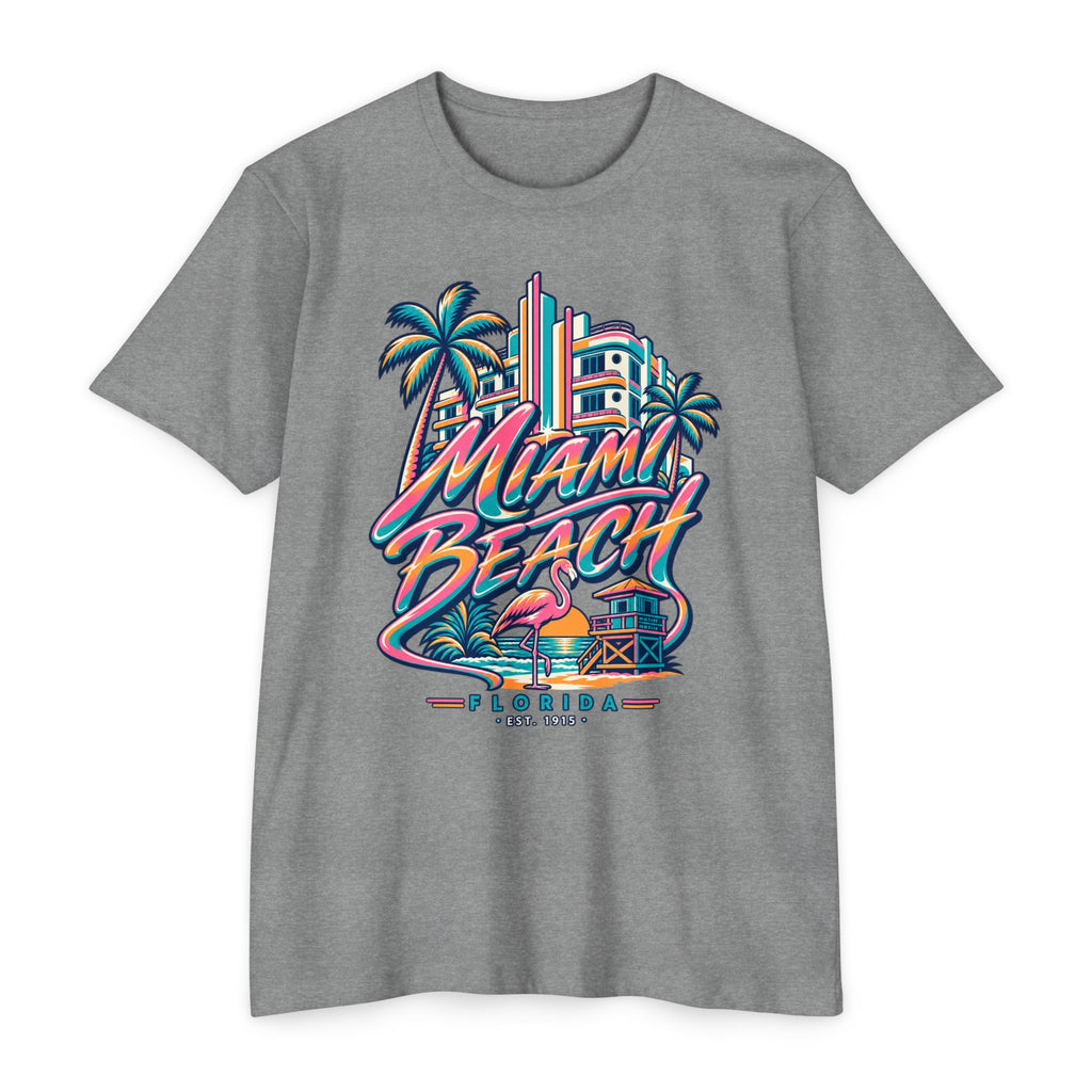 Heather gray T-shirt with colorful Miami Beach Florida graphic, palm trees, and lifeguard tower.