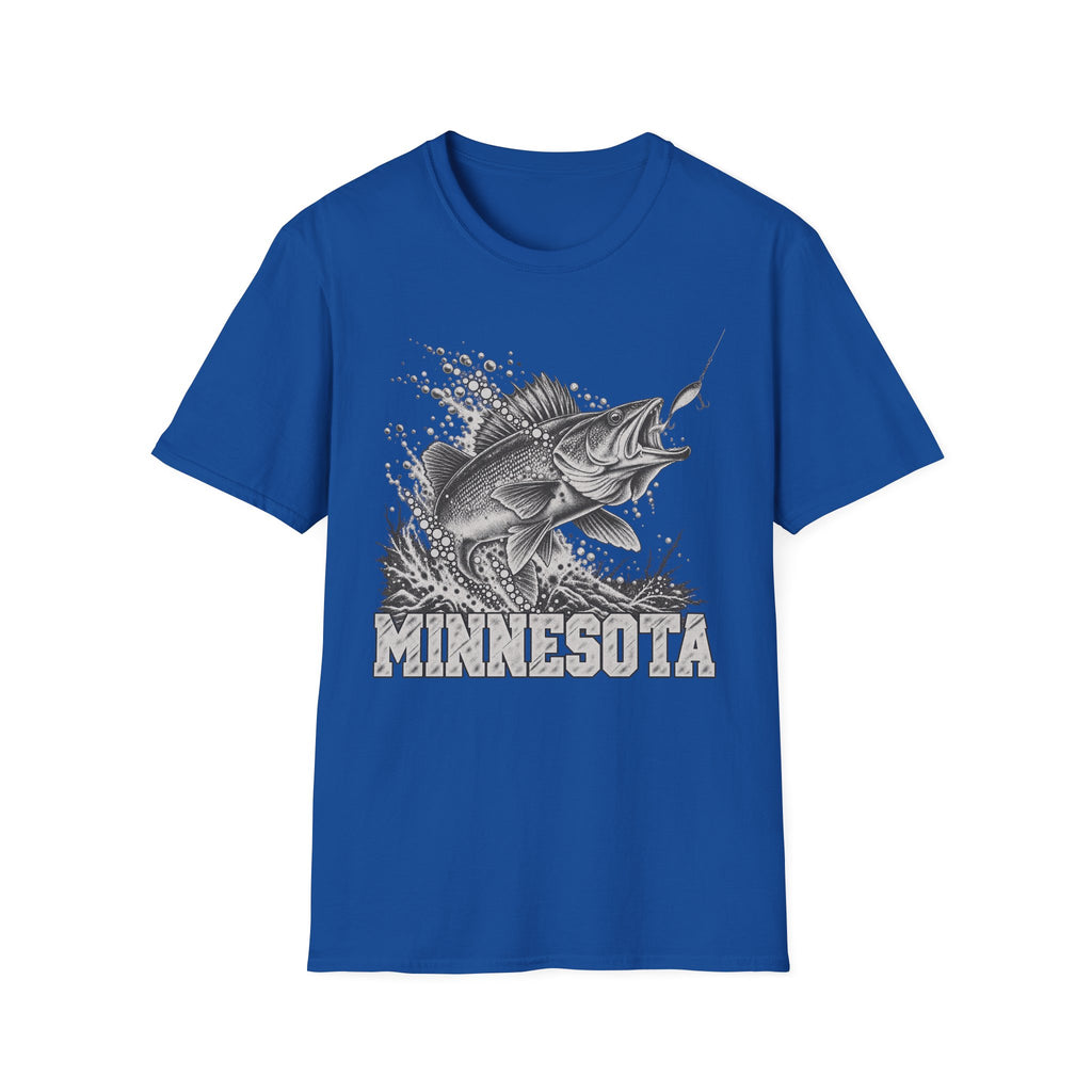 Royal blue t-shirt with leaping walleye graphic and MINNESOTA text