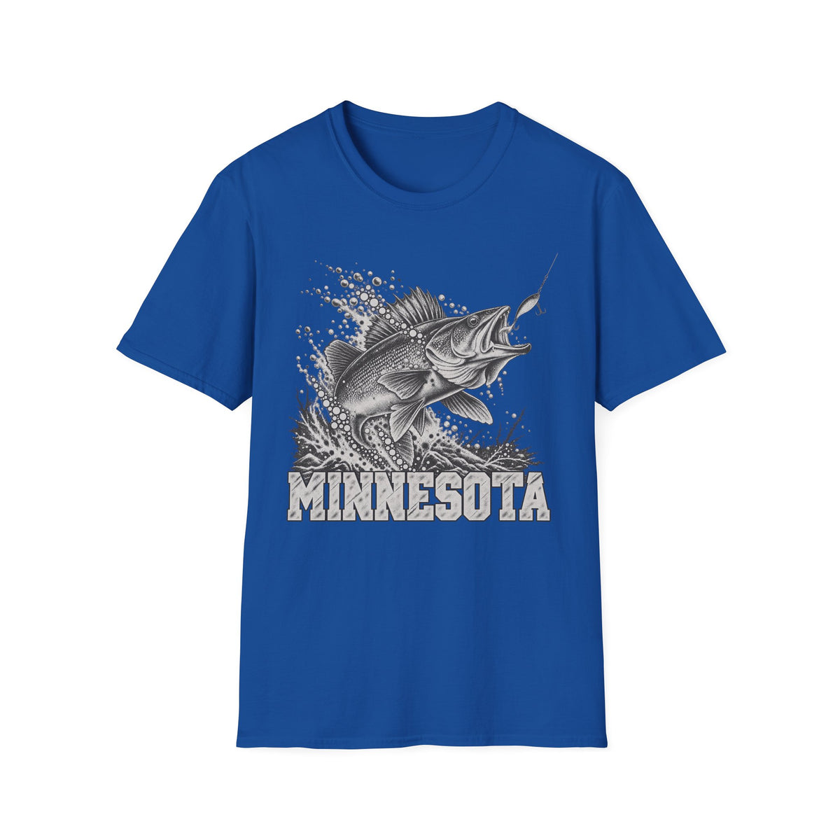 Royal blue t-shirt with leaping walleye graphic and MINNESOTA text