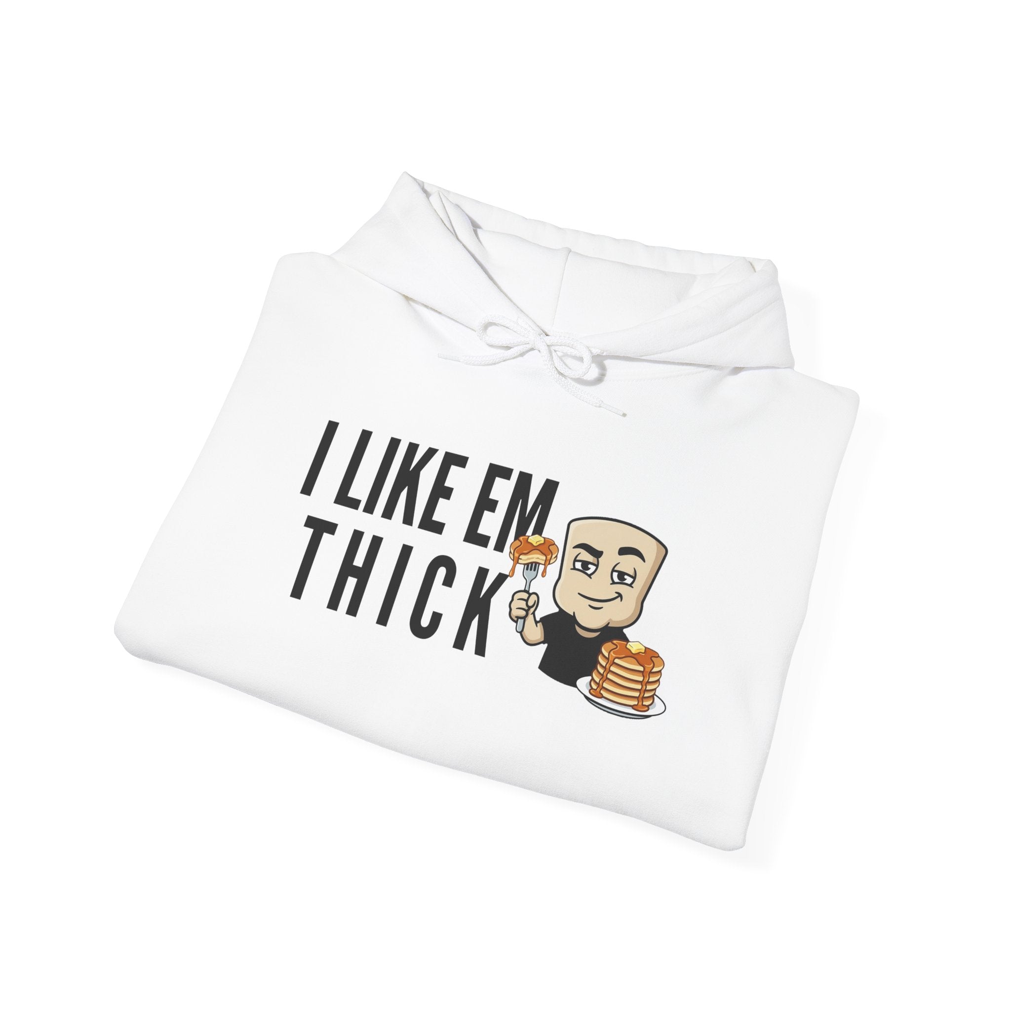 White hoodie folded with front cartoon text graphic and pancake stack