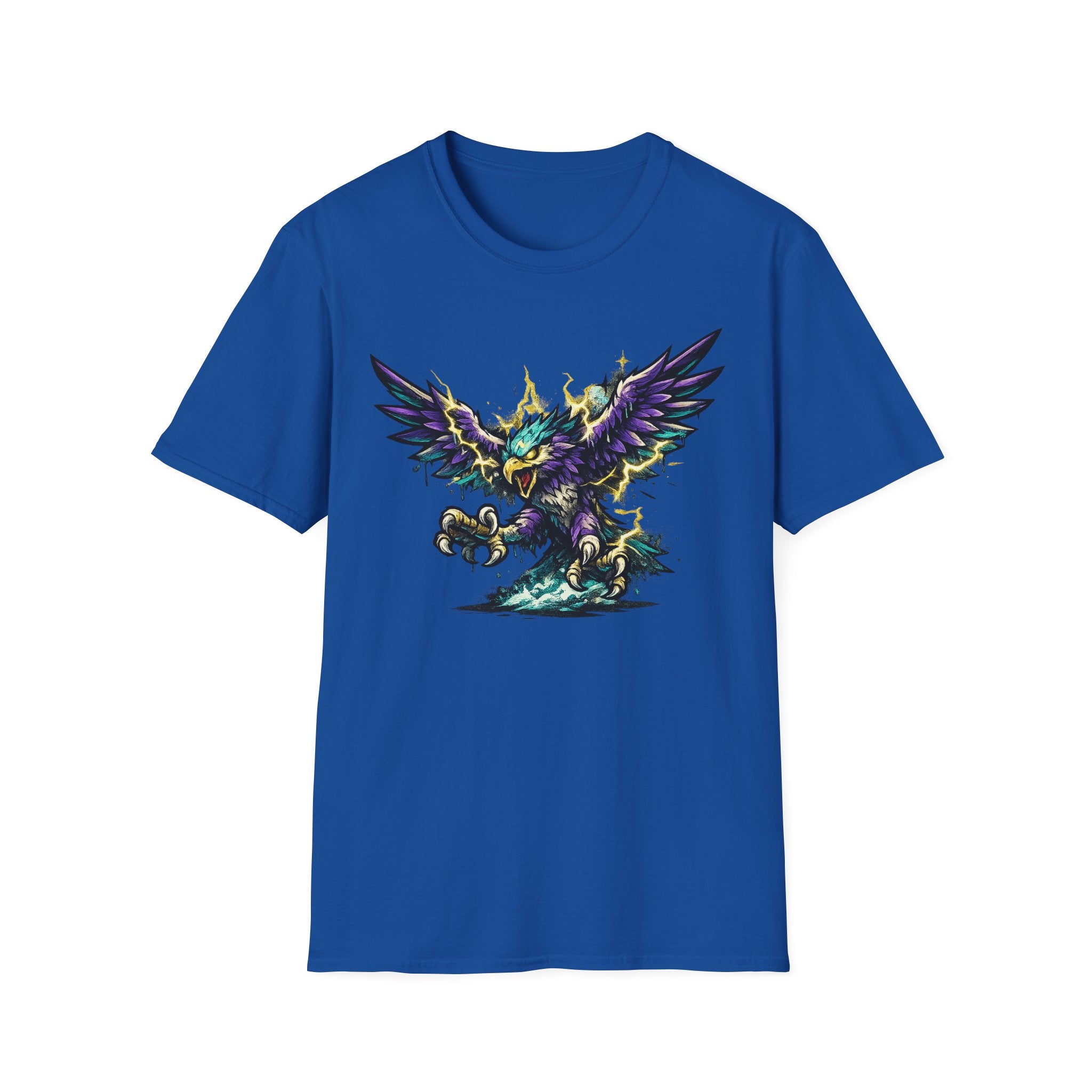 Royal blue crew-neck T-shirt with colorful lightning bird graphic on the chest