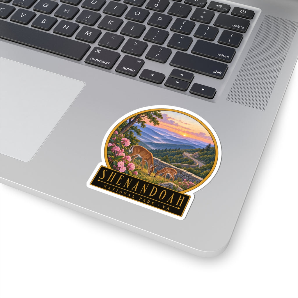 Round landscape sticker with deer, pink blossoms, sunset sky, and SHENANDOAH NATIONAL PARK VA text