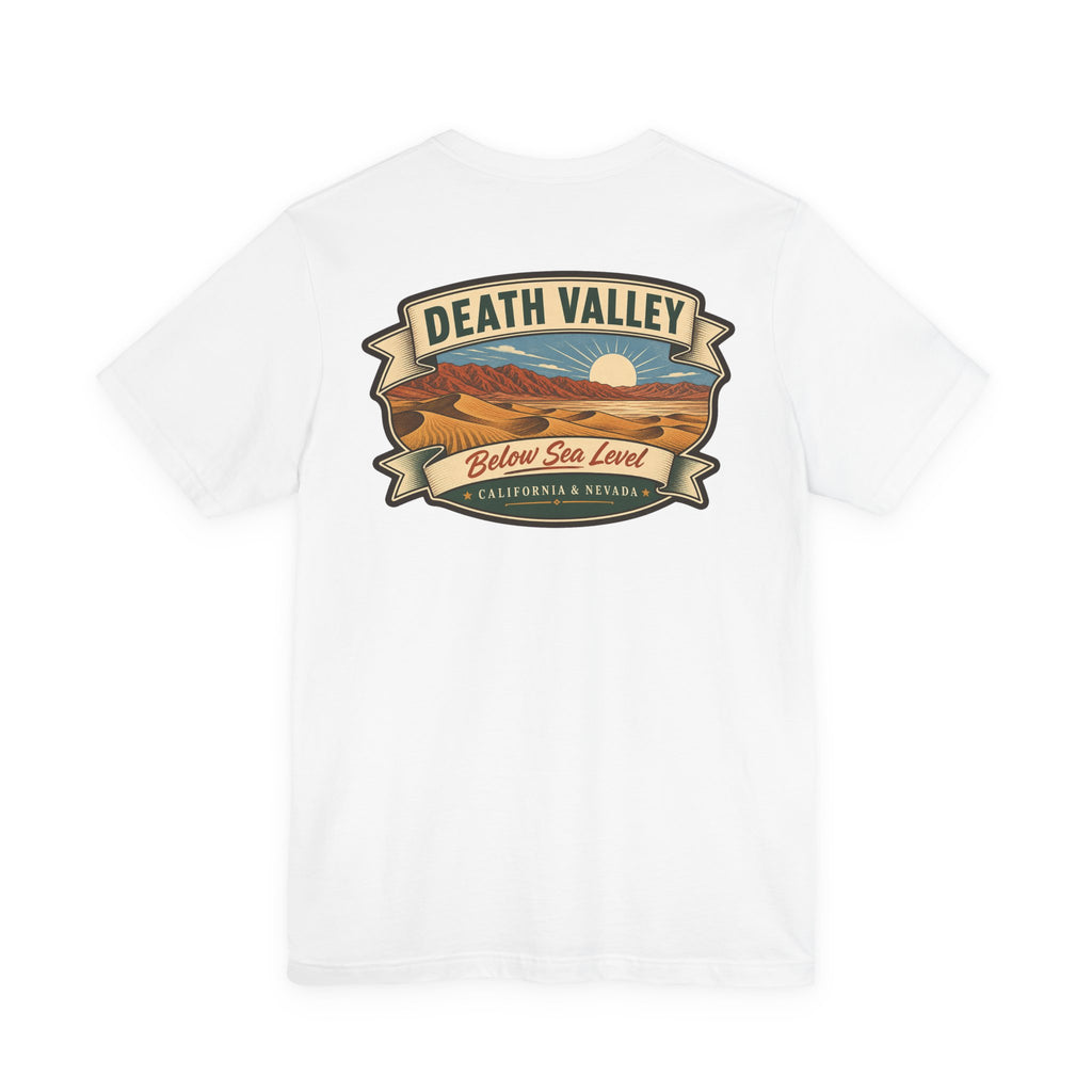 White T-shirt with Death Valley banner landscape graphic and sun icon