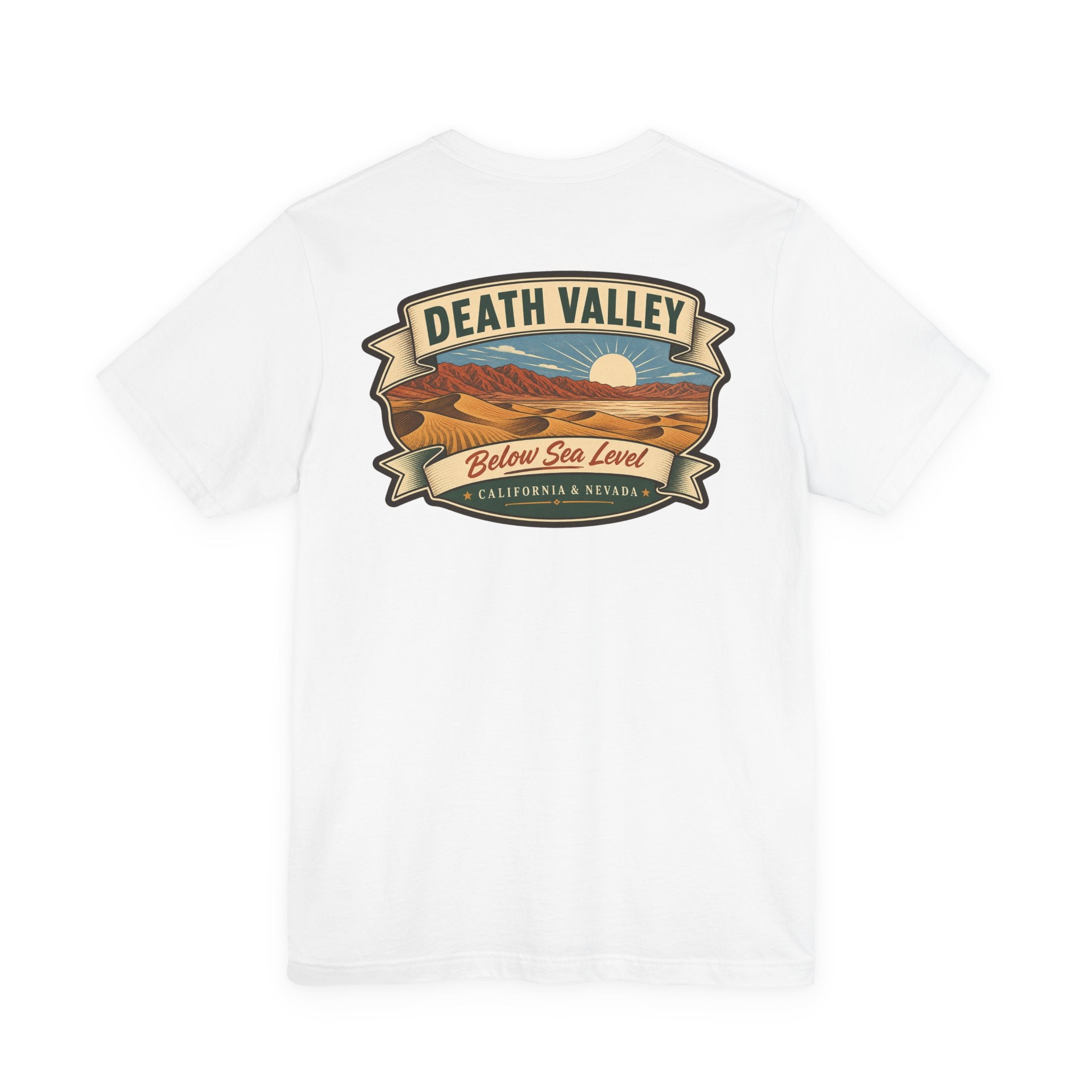 White T-shirt with Death Valley banner landscape graphic and sun icon