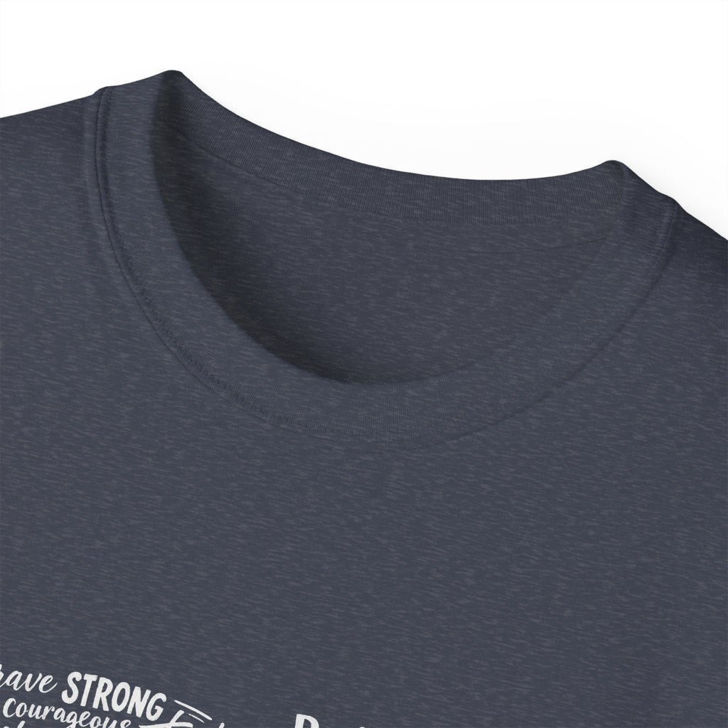 Life word cloud tee in dark heather/charcoal, close-up of crew neck and partial text