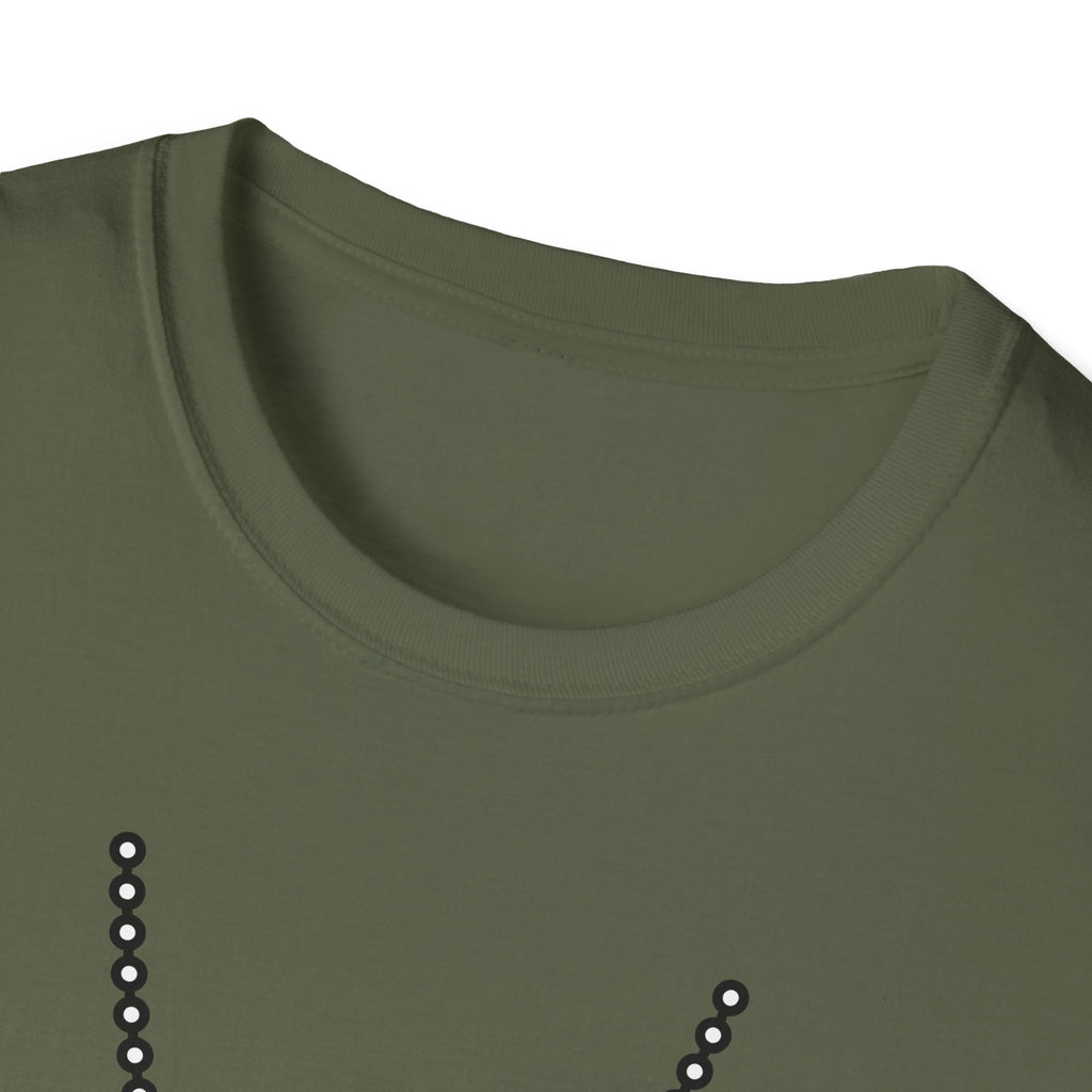 Military green T-shirt neckline with small dog tag chain graphic detail