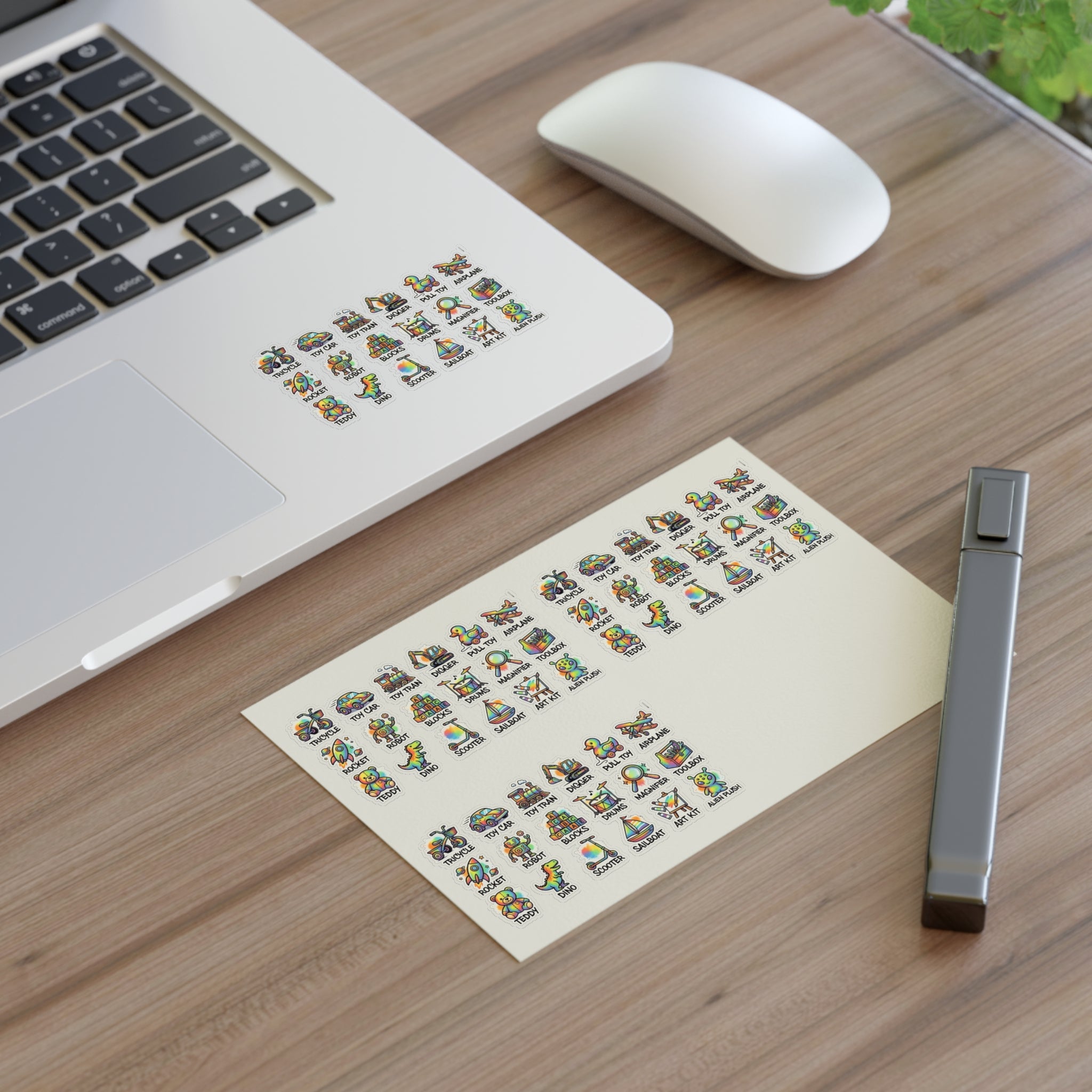 Toy icon sticker sheet with die-cut labels for cars, robots, and animals