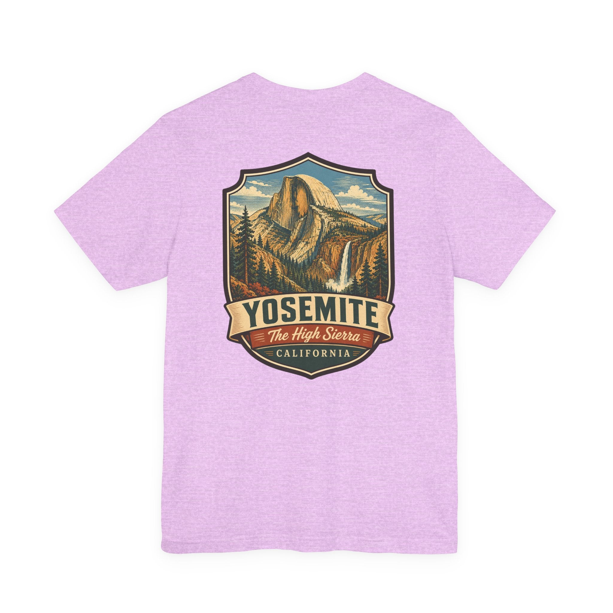 Lavender T-shirt with Yosemite mountain graphic centered on the back.