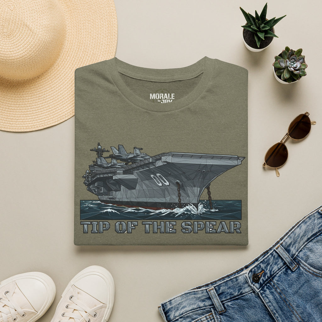 Heather military green crew-neck T-shirt with aircraft carrier graphic and "TIP OF THE SPEAR"