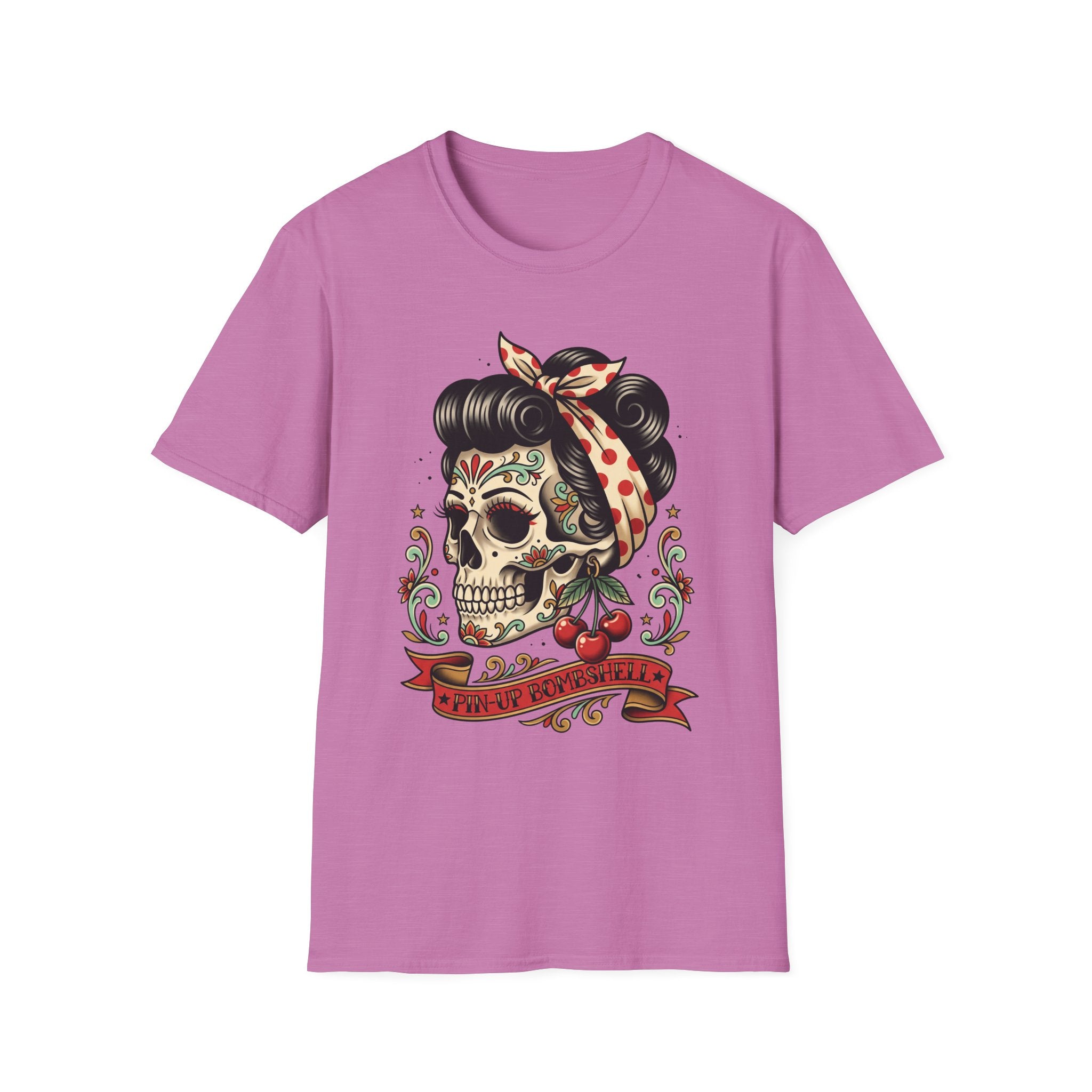Sugar Skull Pinup T-Shirt in pink with colorful sugar skull pinup tattoo design