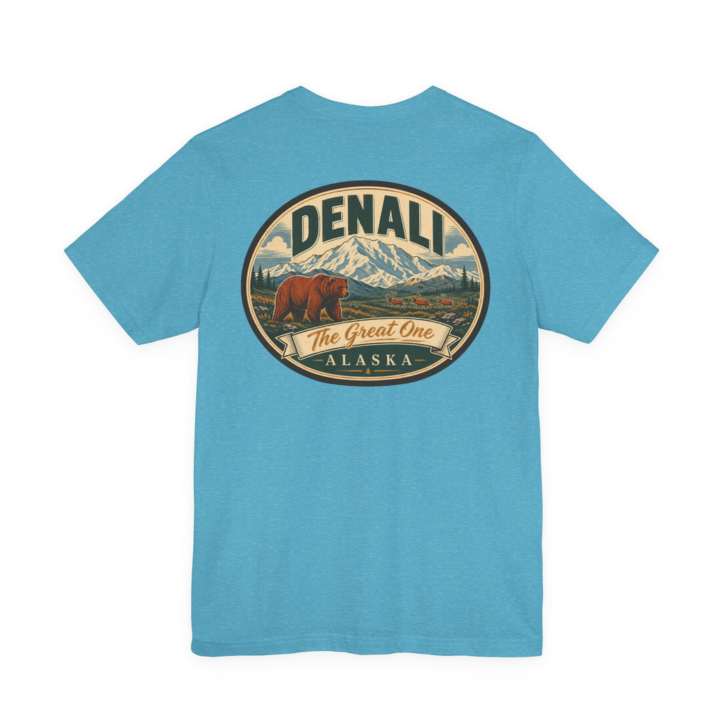Light aqua short-sleeve crew neck t-shirt with large oval Denali graphic