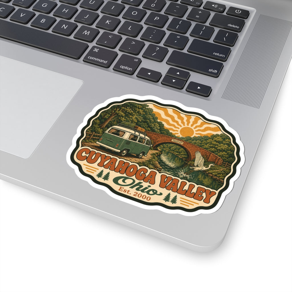 Cuyahoga Valley Ohio sticker design: green camper van, arch bridge, wildlife, Est. 2000