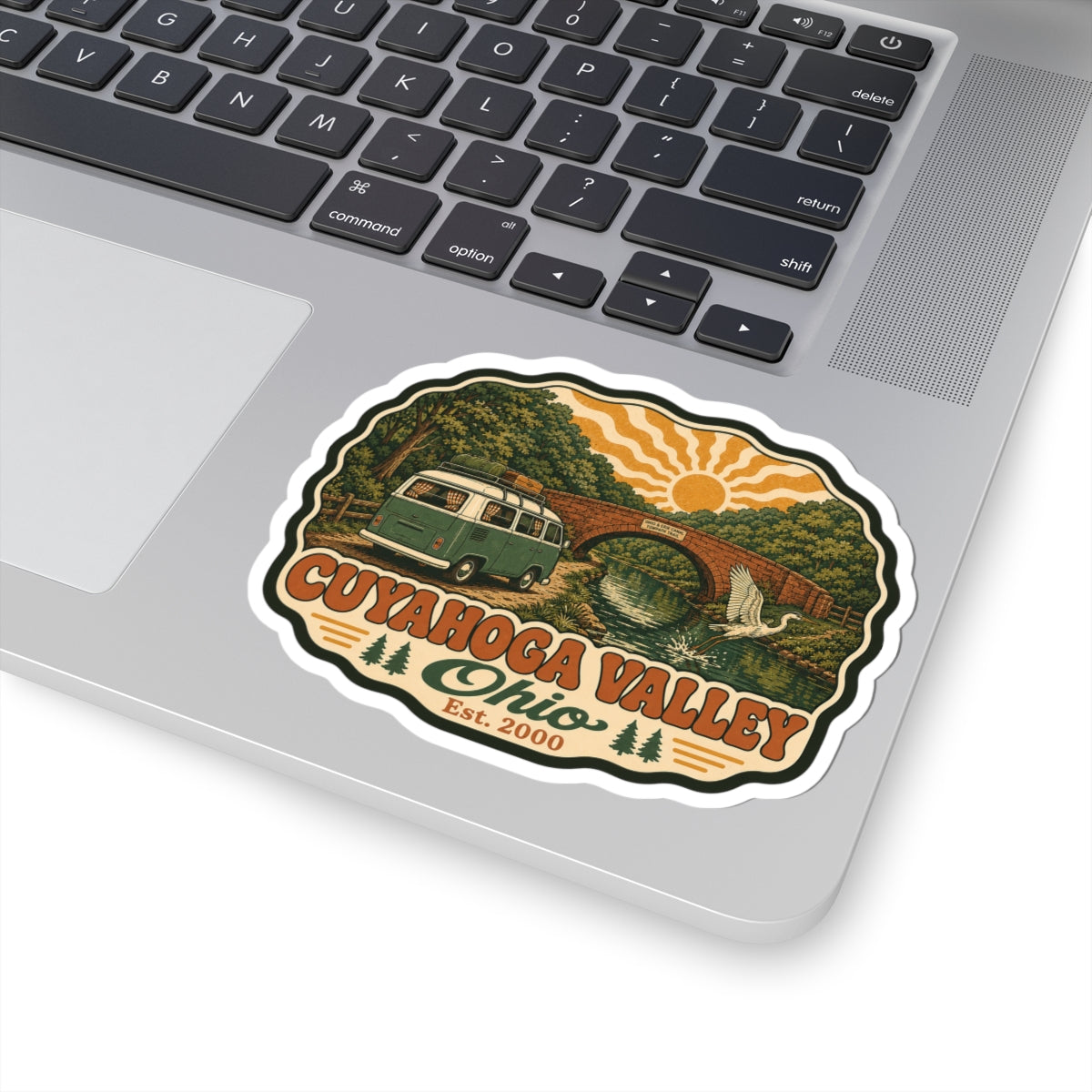 Cuyahoga Valley Ohio sticker design: green camper van, arch bridge, wildlife, Est. 2000
