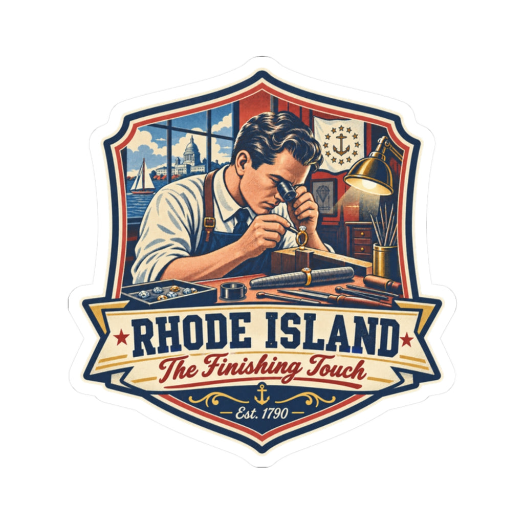 Rhode Island kiss-cut decal sticker: vintage sailor badge with anchor, ship, and “The Finishing Touch”