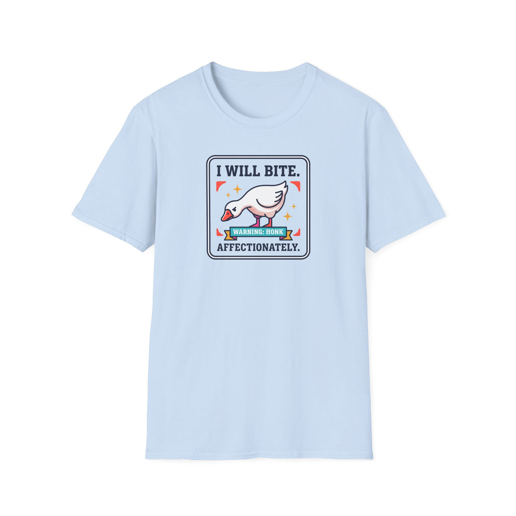Light blue T-shirt with 'I WILL BITE' goose warning graphic on chest