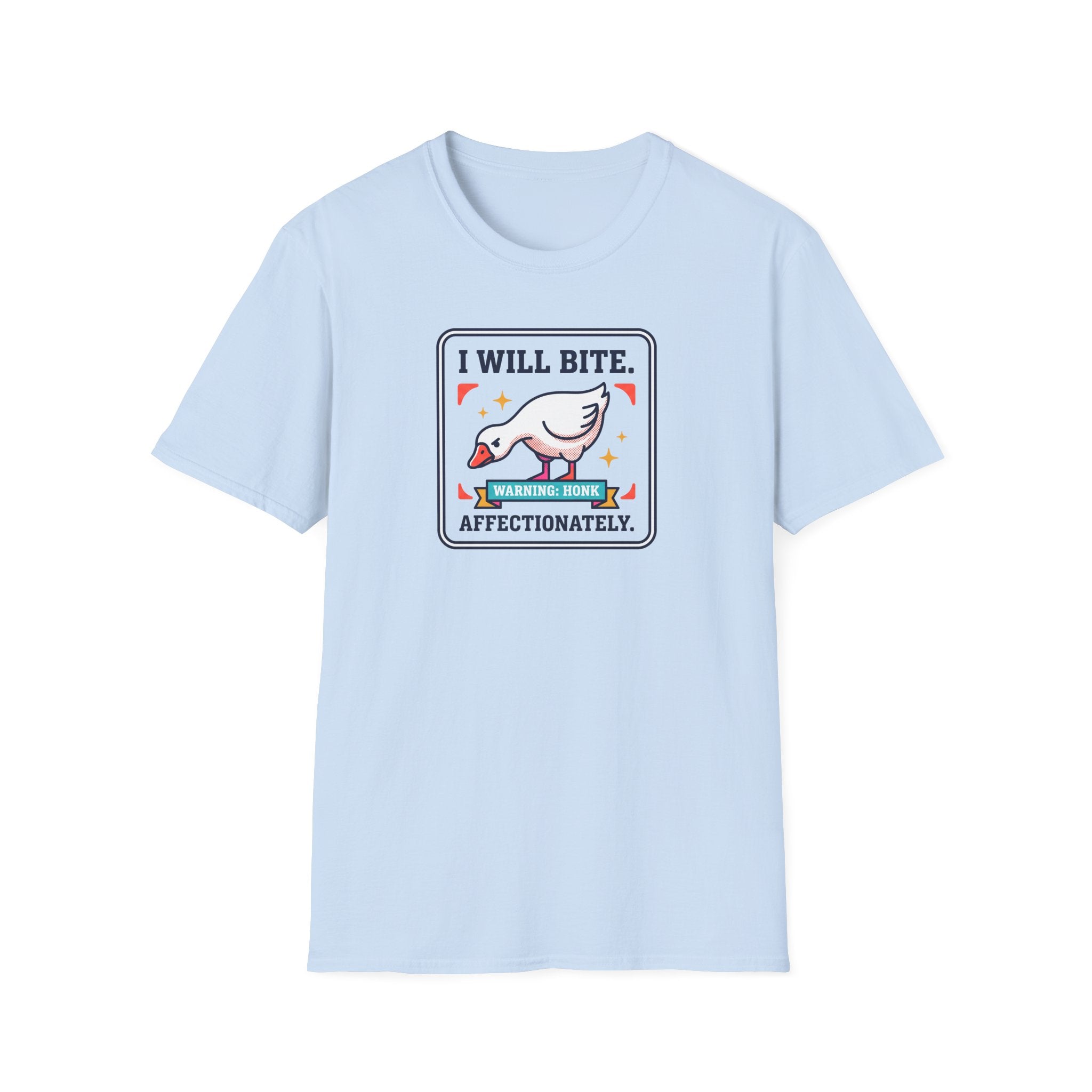 Light blue T-shirt with 'I WILL BITE' goose warning graphic on chest