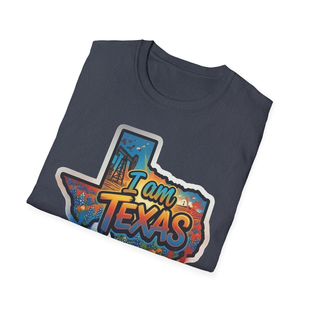 I Am Texas T-shirt, dark heather, state outline graffiti skyline 'I am TEXAS'