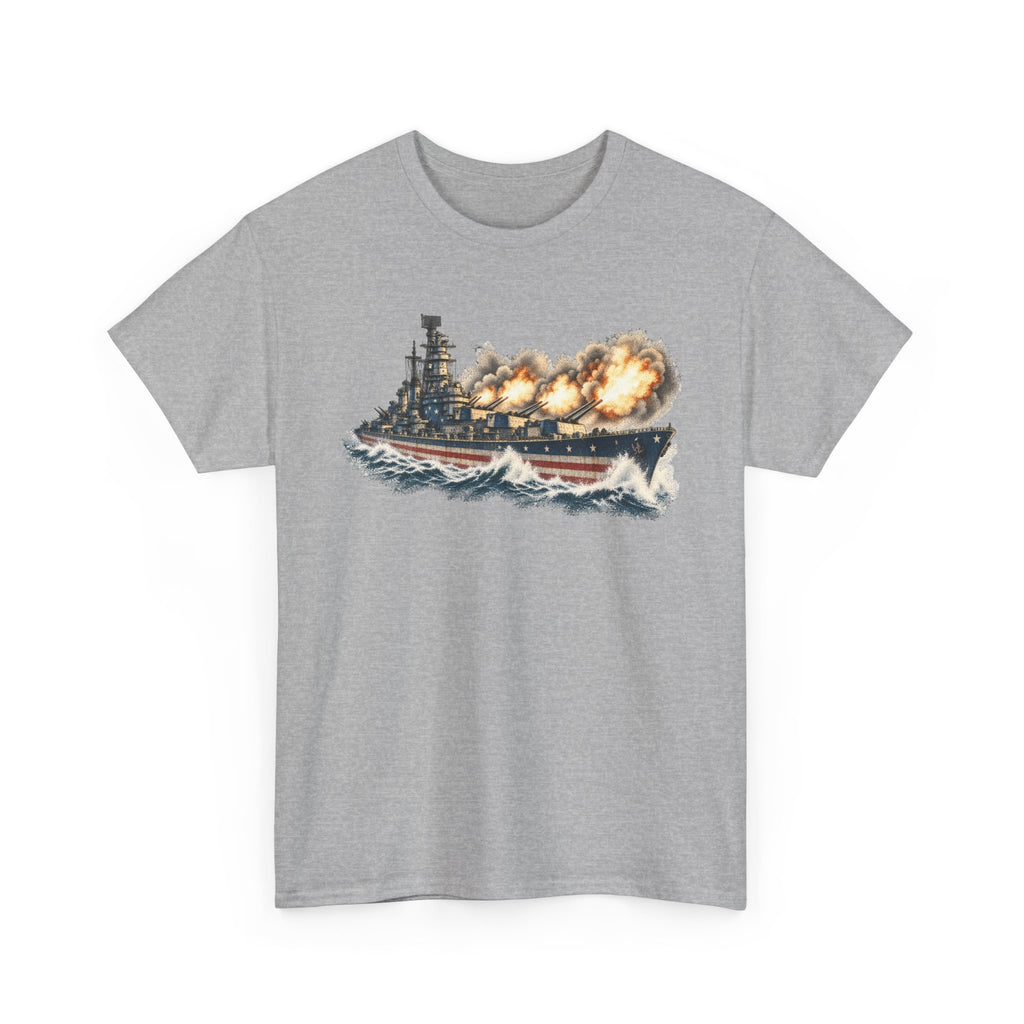 Heather gray crew-neck T-shirt with battleship firing broadside graphic on front