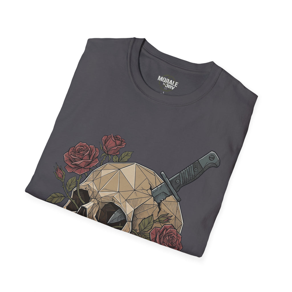 Charcoal gothic T-shirt: geometric skull, dagger and roses graphic