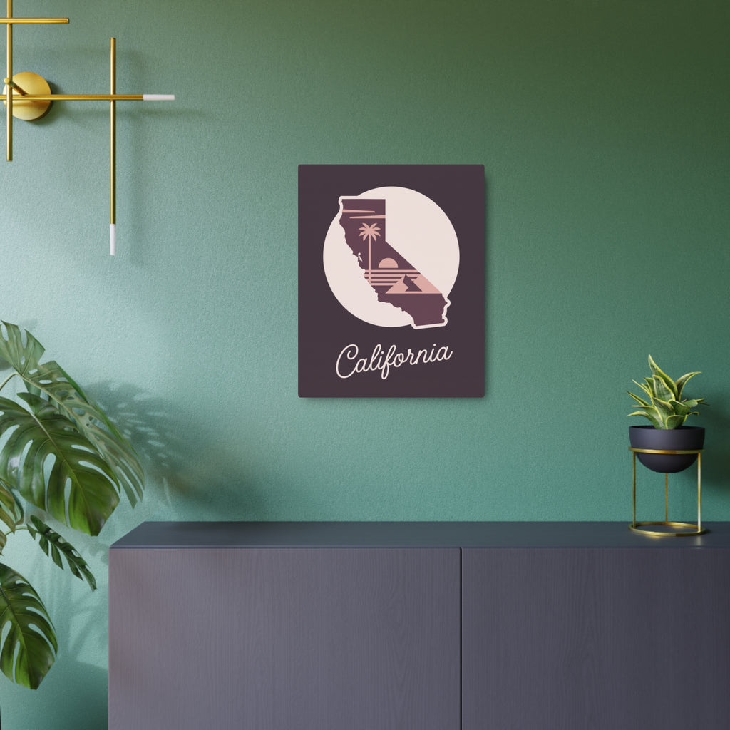 Mauve square California wall sign with palm tree state silhouette and cursive text