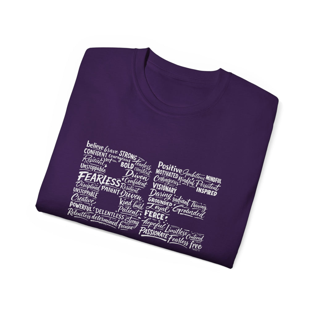 Life word cloud motivational typography shirt in purple, full front graphic
