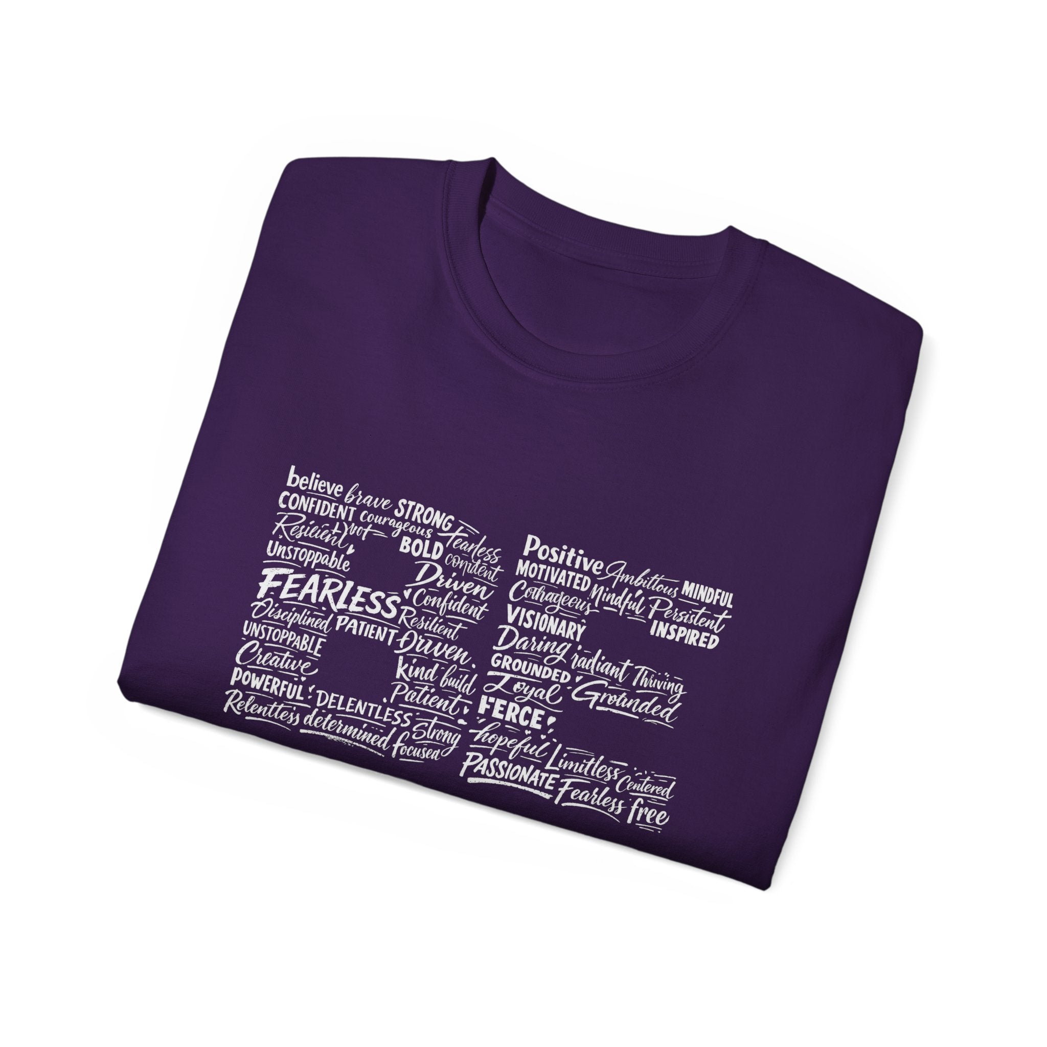 Life word cloud motivational typography shirt in purple, full front graphic