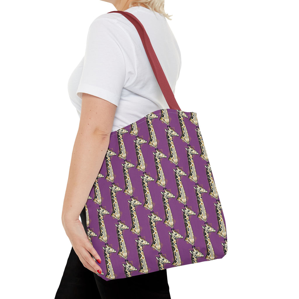Purple tote bag with saxophone pattern, red shoulder straps.