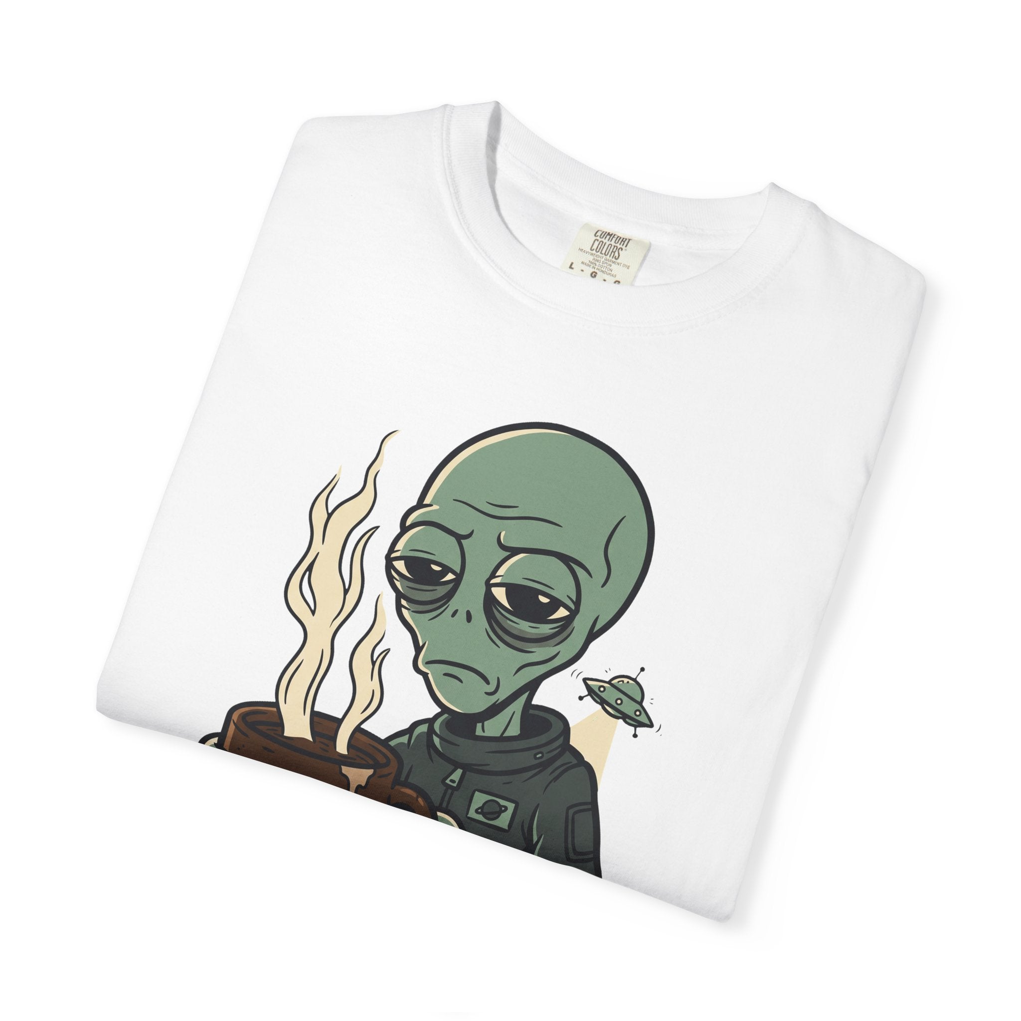 White T-shirt with green alien holding a coffee mug and small alien head graphic