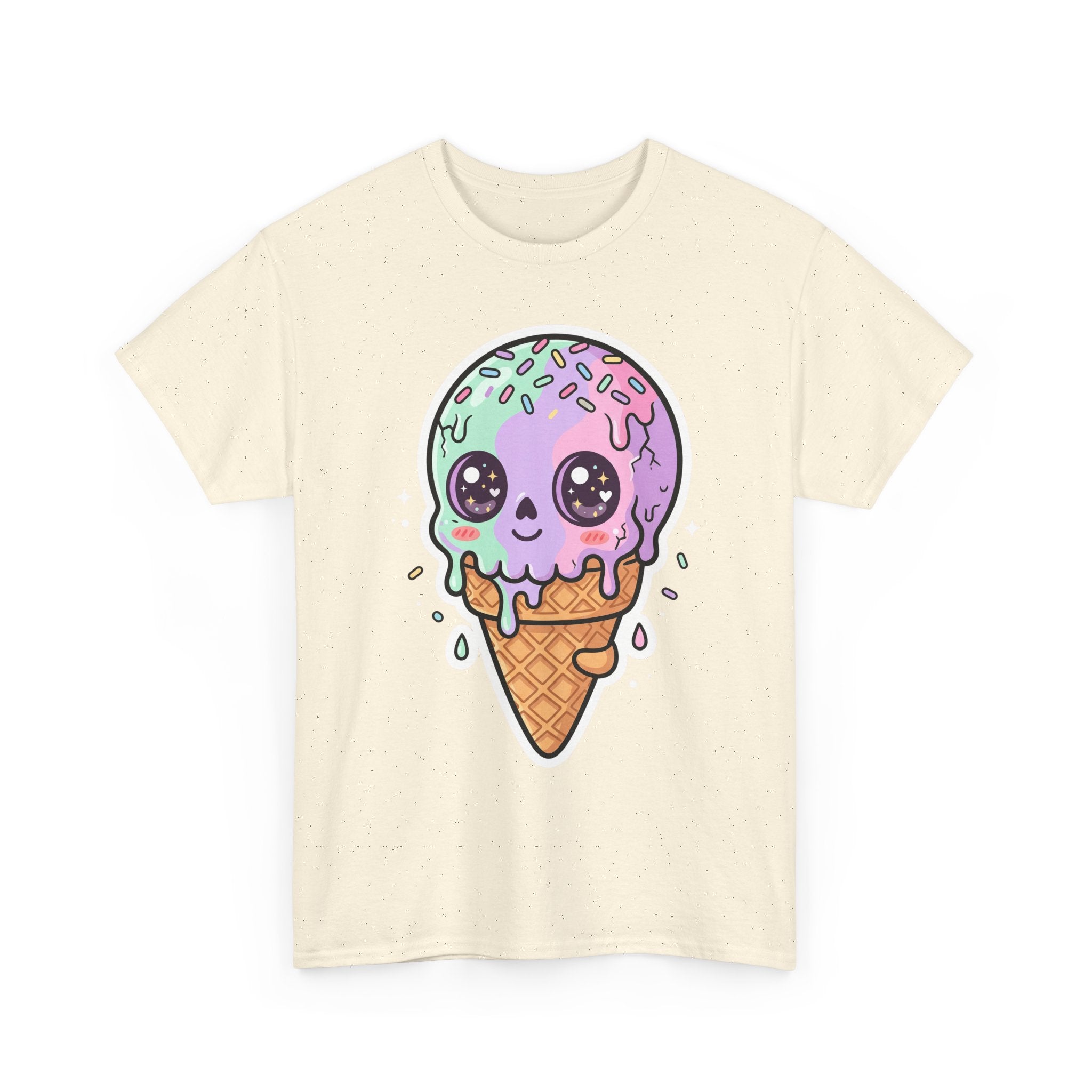 Natural T-shirt with cute purple melting ice cream cone face graphic