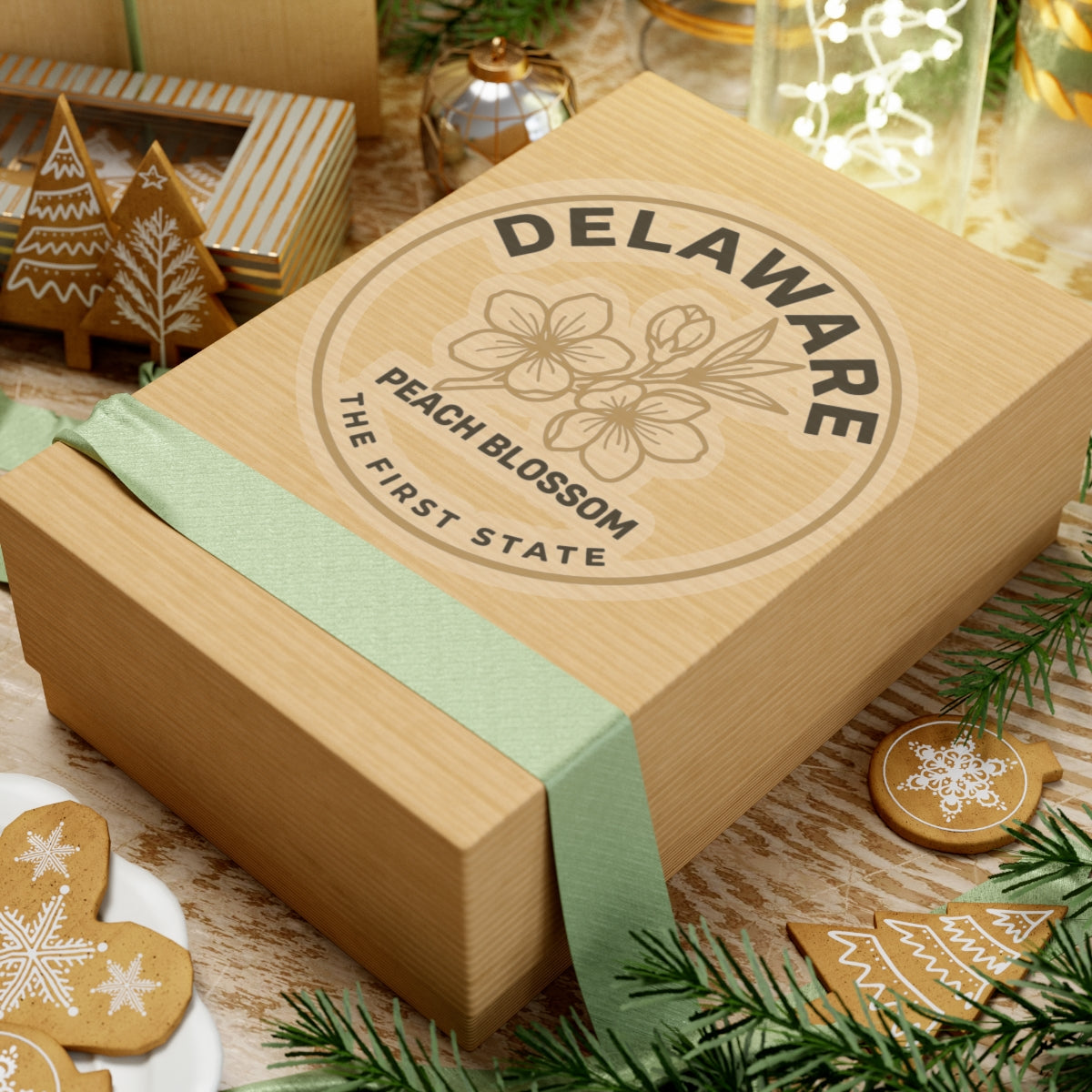 Delaware peach blossom sticker on gift box lid, transparent vinyl circular seal