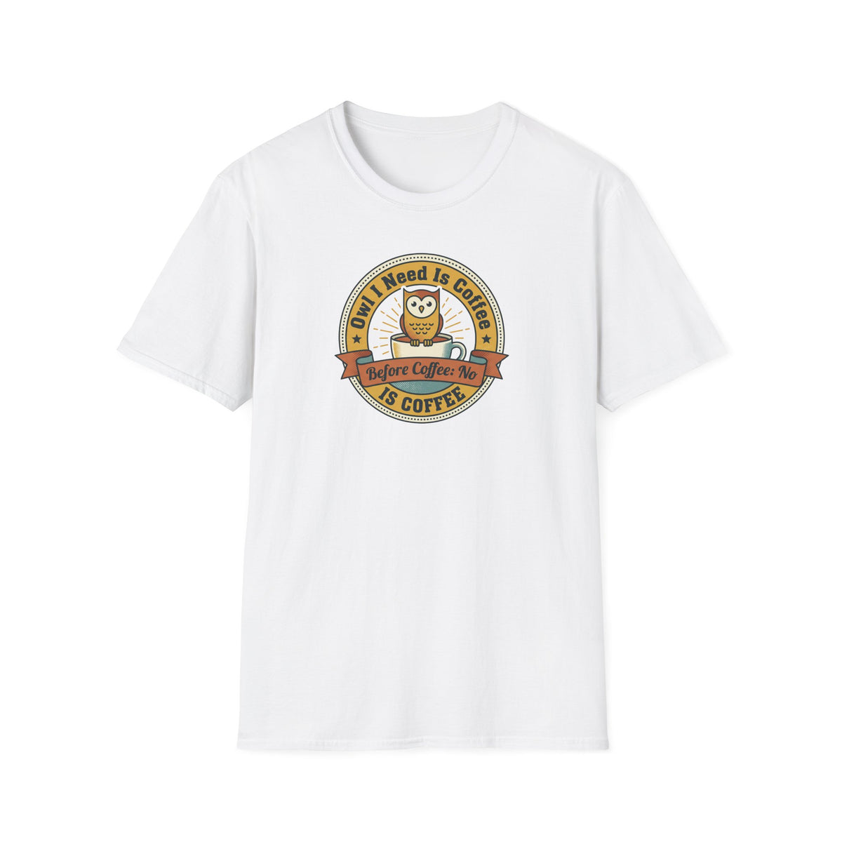 White crew-neck t-shirt with centered owl coffee badge graphic print