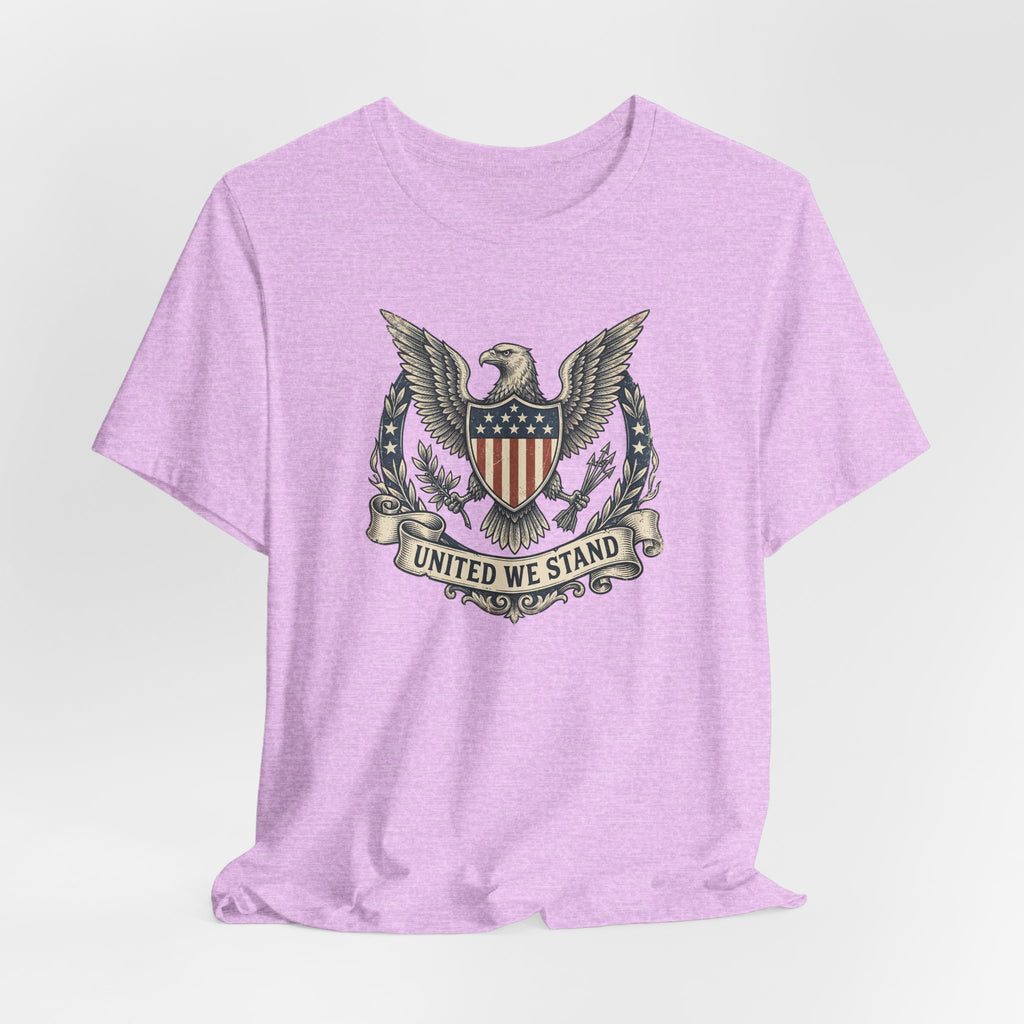 Lavender T-shirt with centered eagle shield crest and “United We Stand”