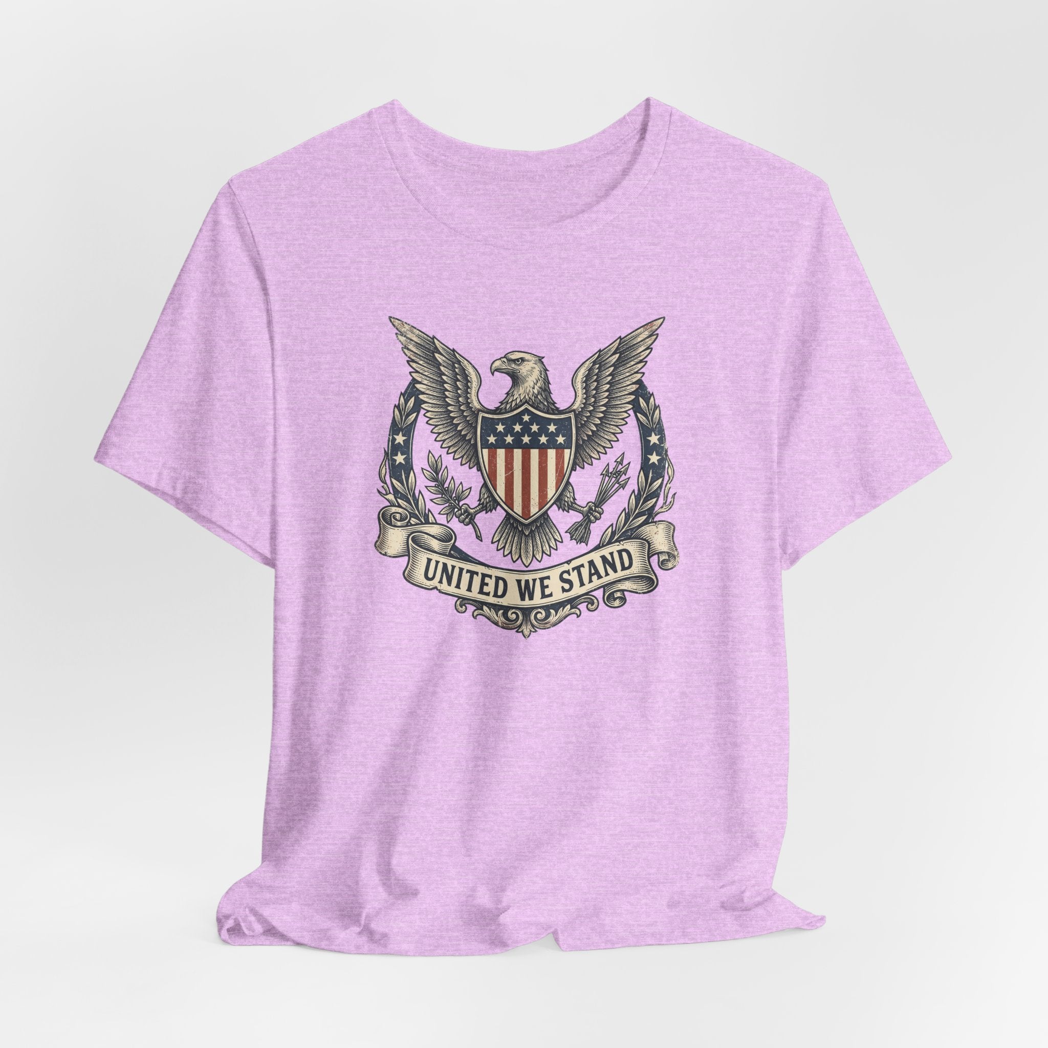Lavender T-shirt with centered eagle shield crest and “United We Stand”