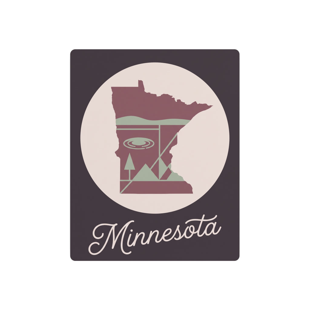 Minnesota metal wall art sign with state silhouette in pink and sage, circular frame, “Minnesota” script.