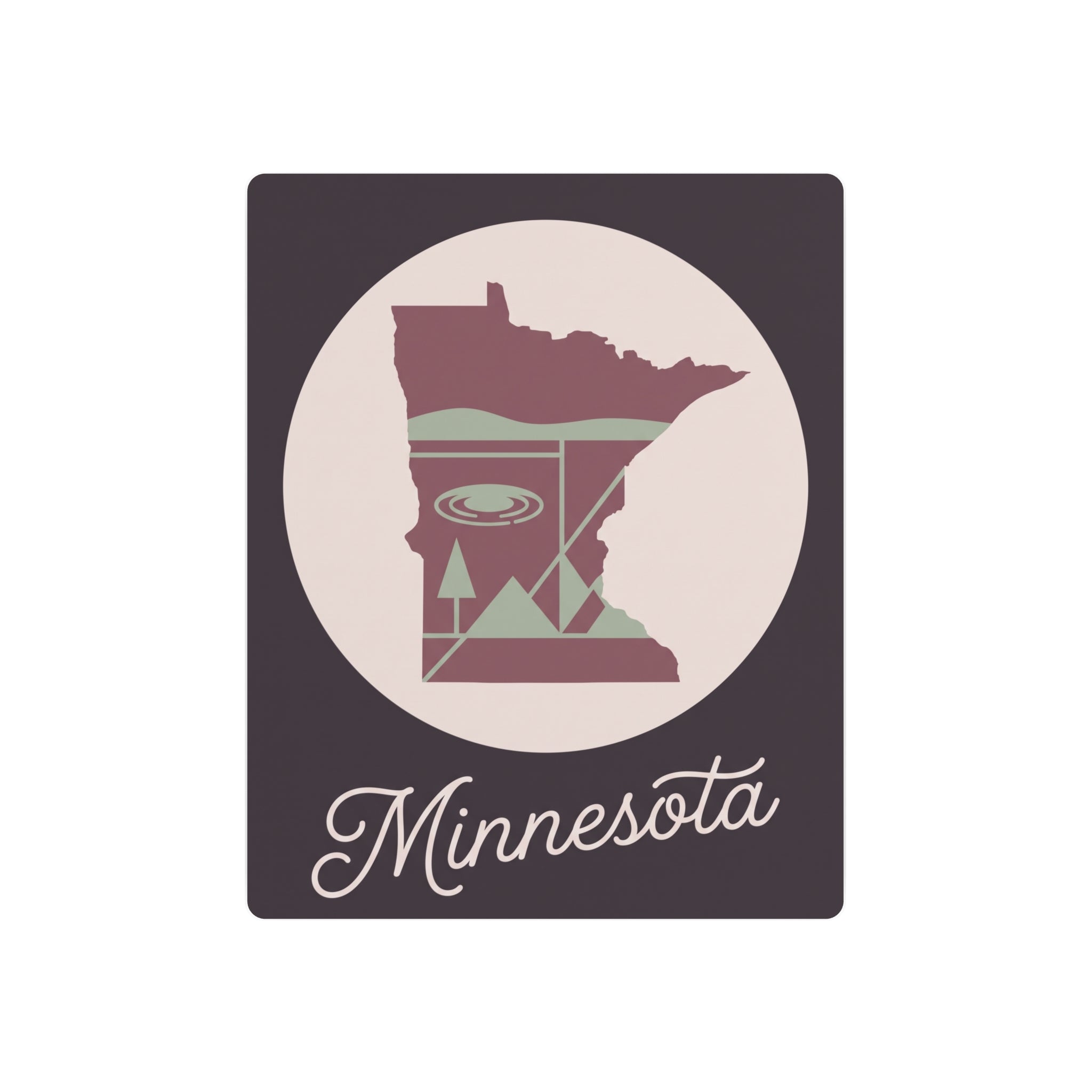 Minnesota metal wall art sign with state silhouette in pink and sage, circular frame, “Minnesota” script.