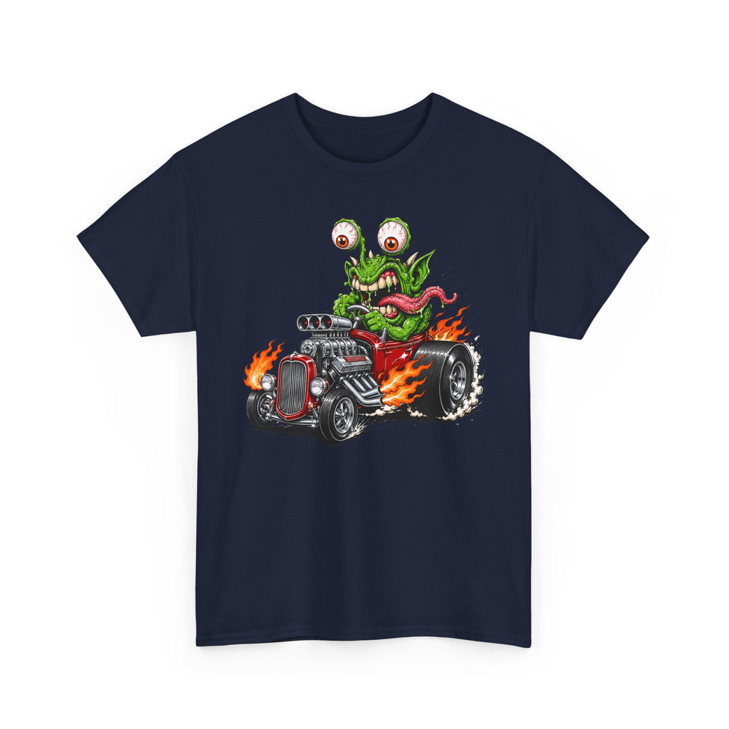 Navy monster hot rod graphic unisex T-shirt, green creature with flames
