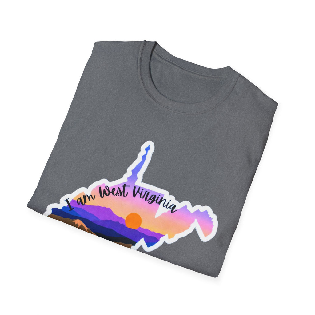 Sport Grey T-shirt with West Virginia silhouette, mountain landscape and sunset colors