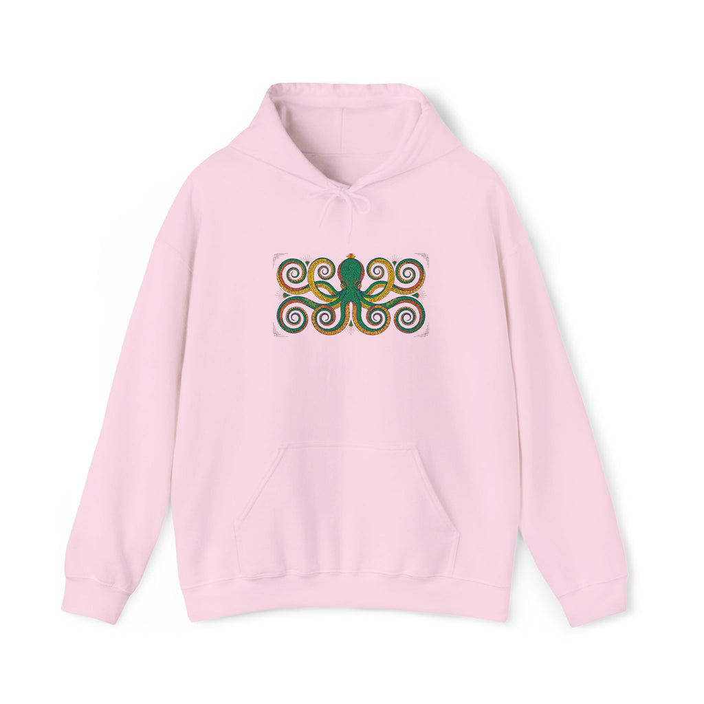 Light pink octopus spiral art hoodie with multicolor swirl graphic on chest
