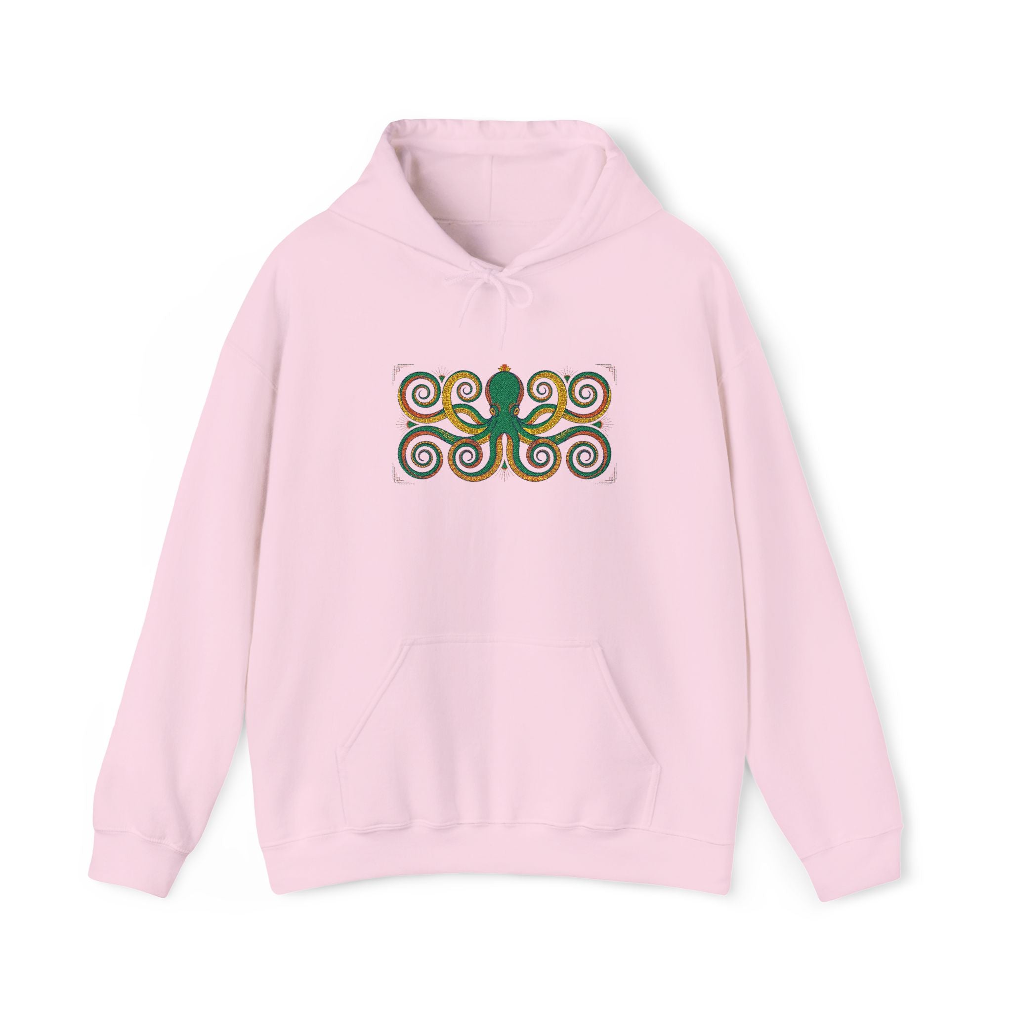 Light pink octopus spiral art hoodie with multicolor swirl graphic on chest