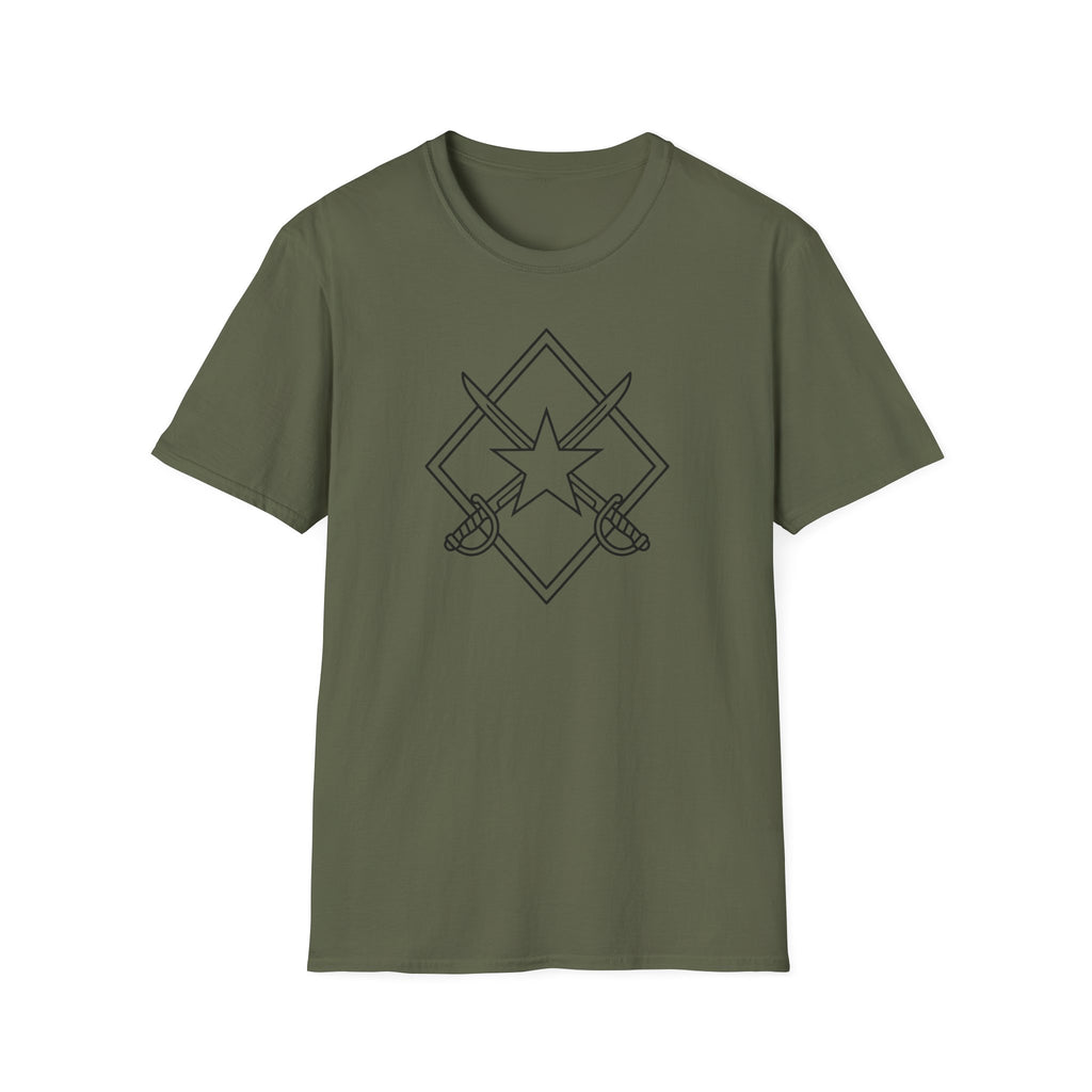 Military green T-shirt with crossed sword and star emblem graphic on chest